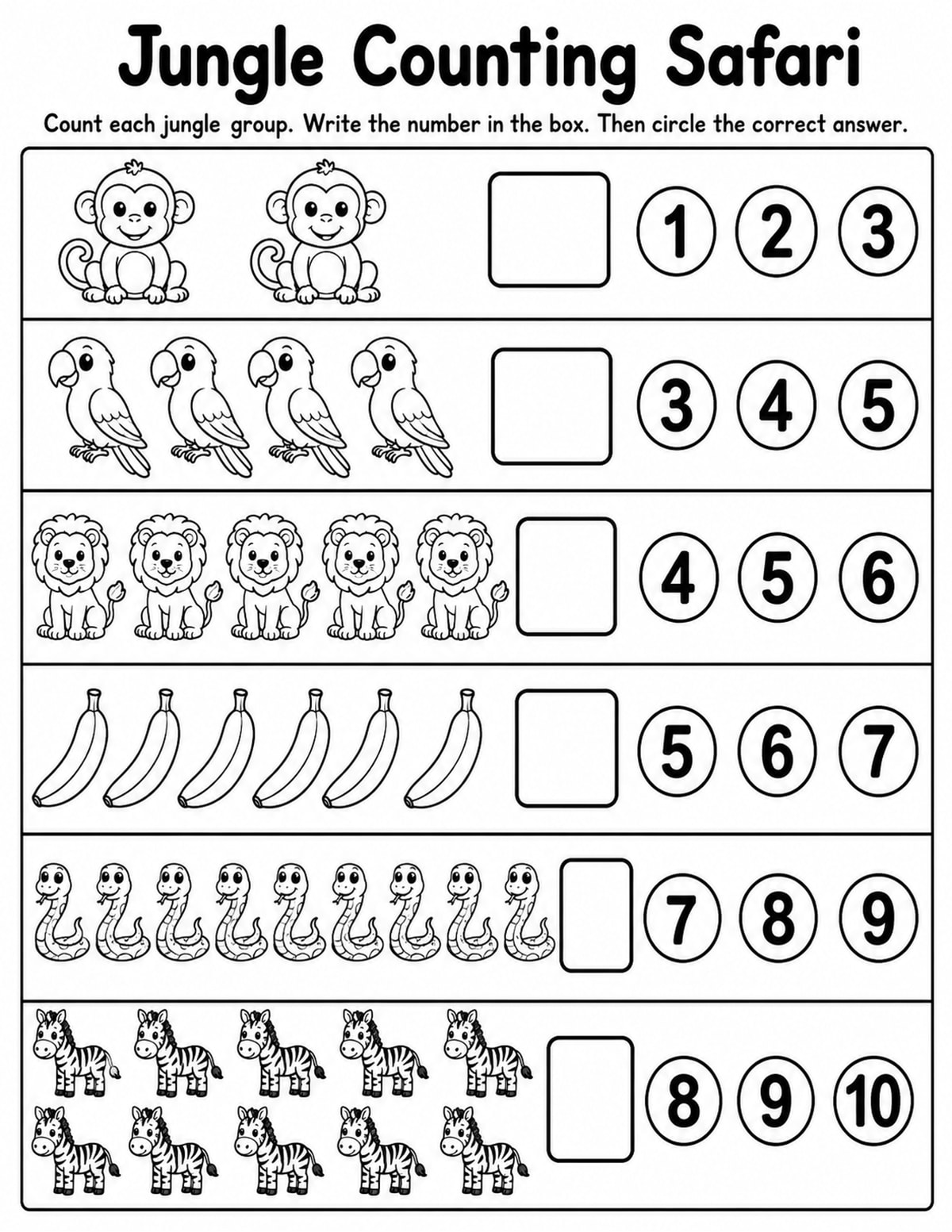 Safari Animals Count and Circle Worksheet printable preview