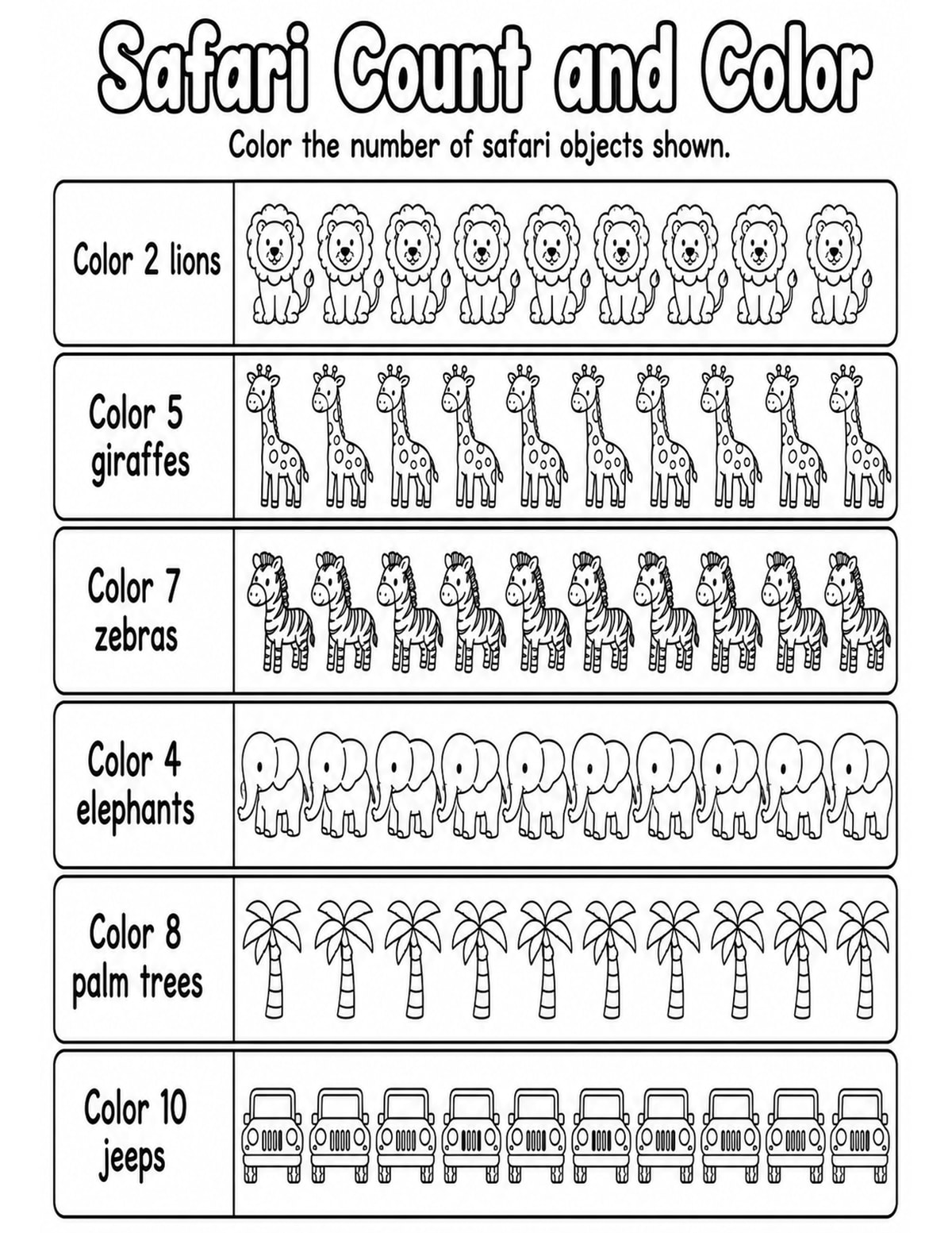 Safari Animals Count and Color Worksheet printable preview