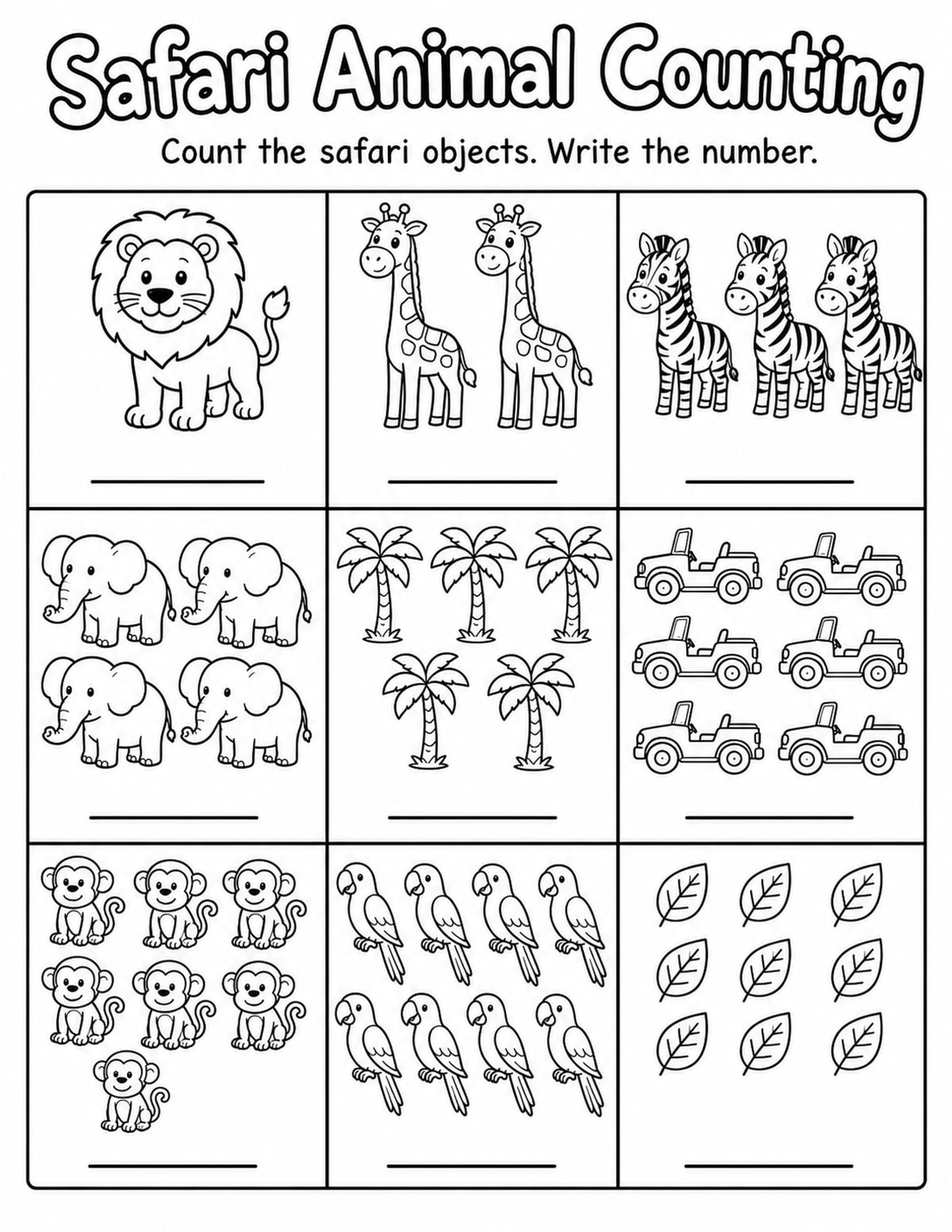 Safari Animals Count and Write Worksheet printable preview