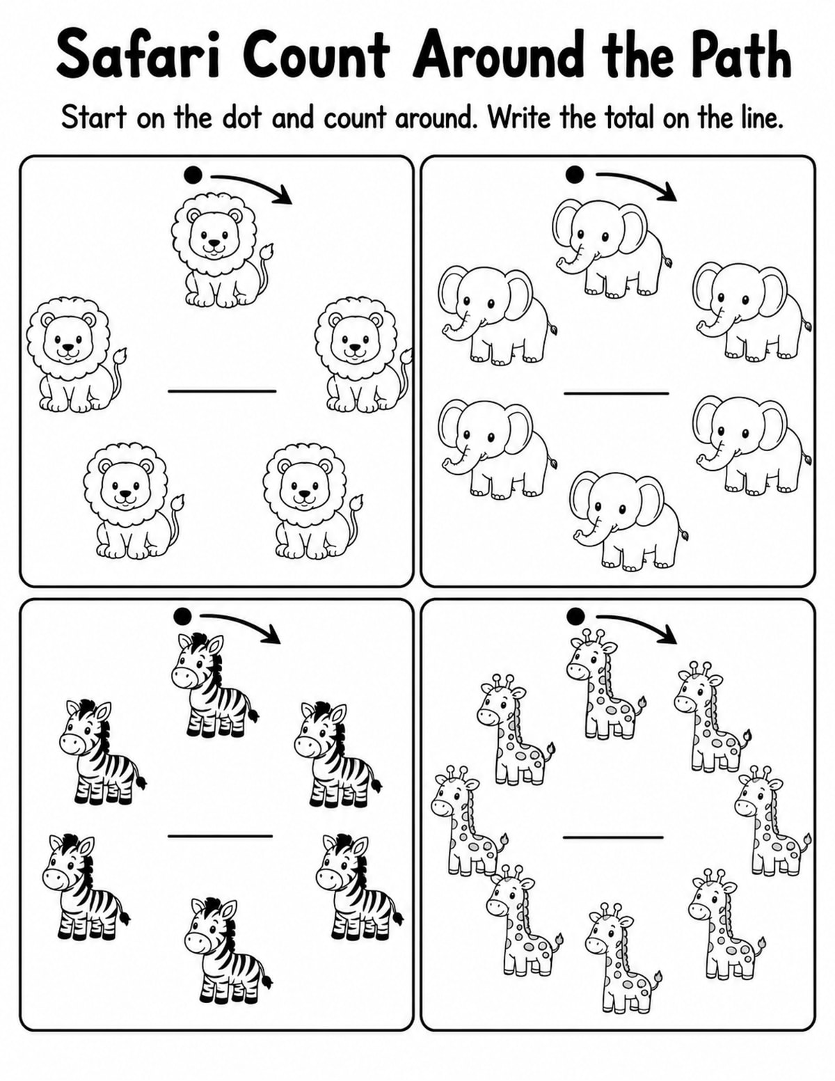 Safari Animals Count Around Path Mixed Counting Practice Worksheet printable preview
