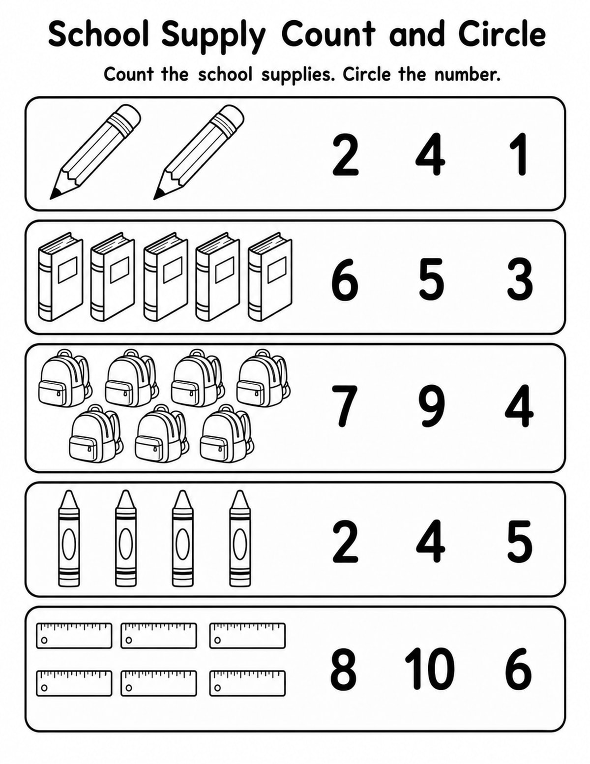 School Supplies Count and Circle Worksheet printable preview