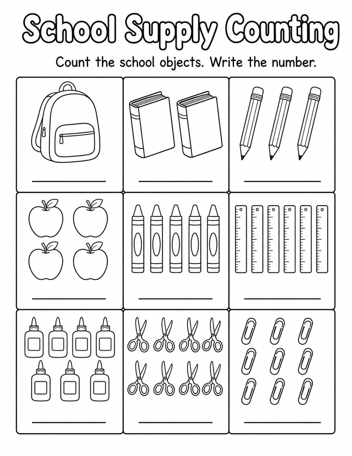 School Supplies Count and Write Worksheet printable preview