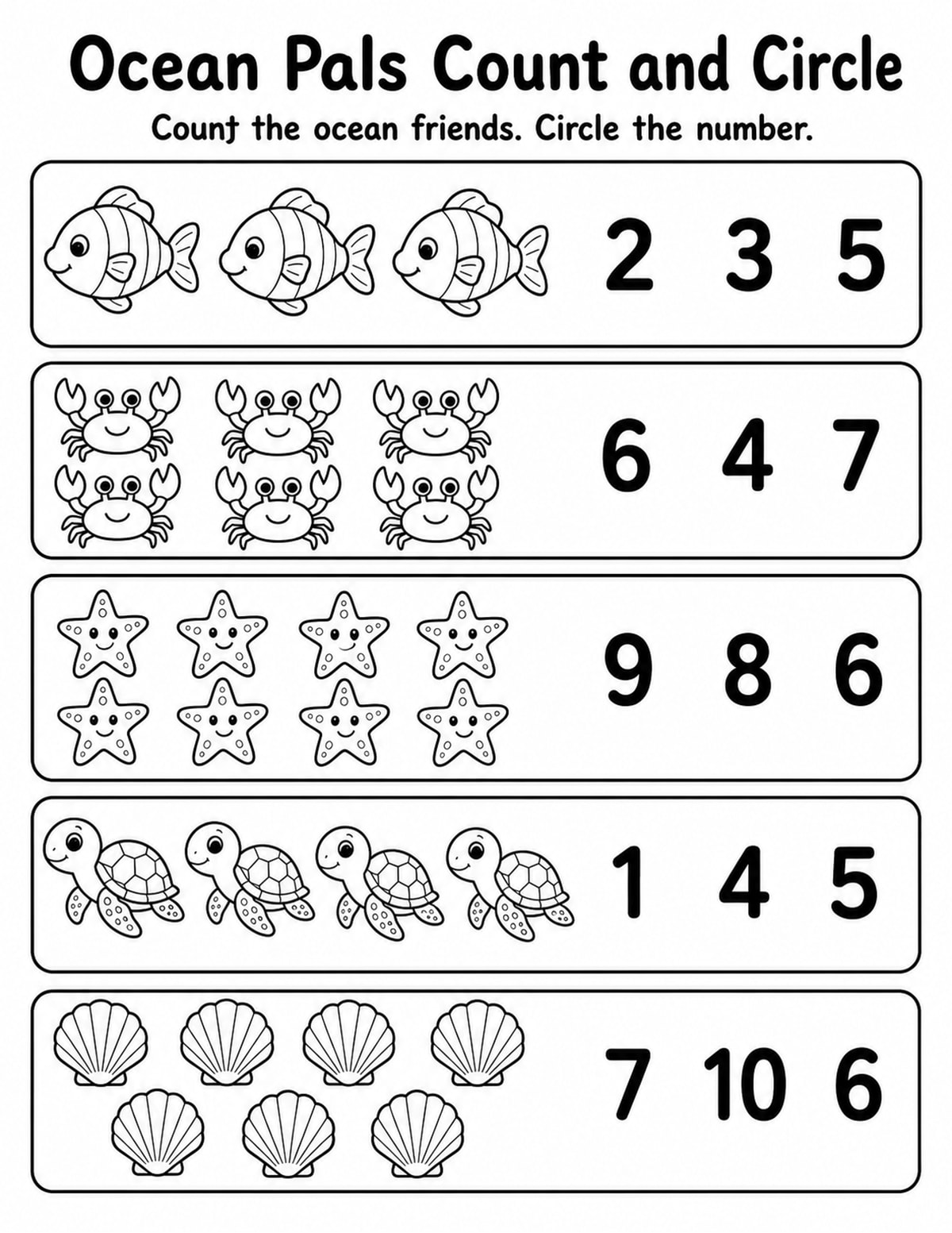 Sea Creatures Count and Circle Worksheet printable preview