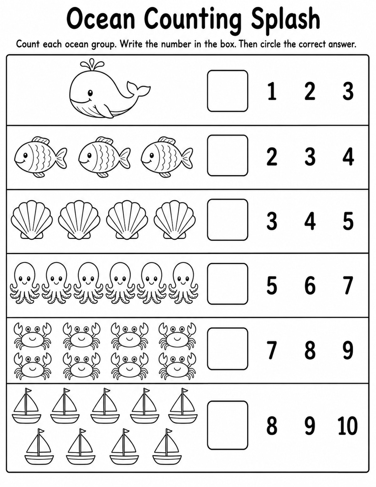 Sea Creatures Count and Circle Worksheet printable preview