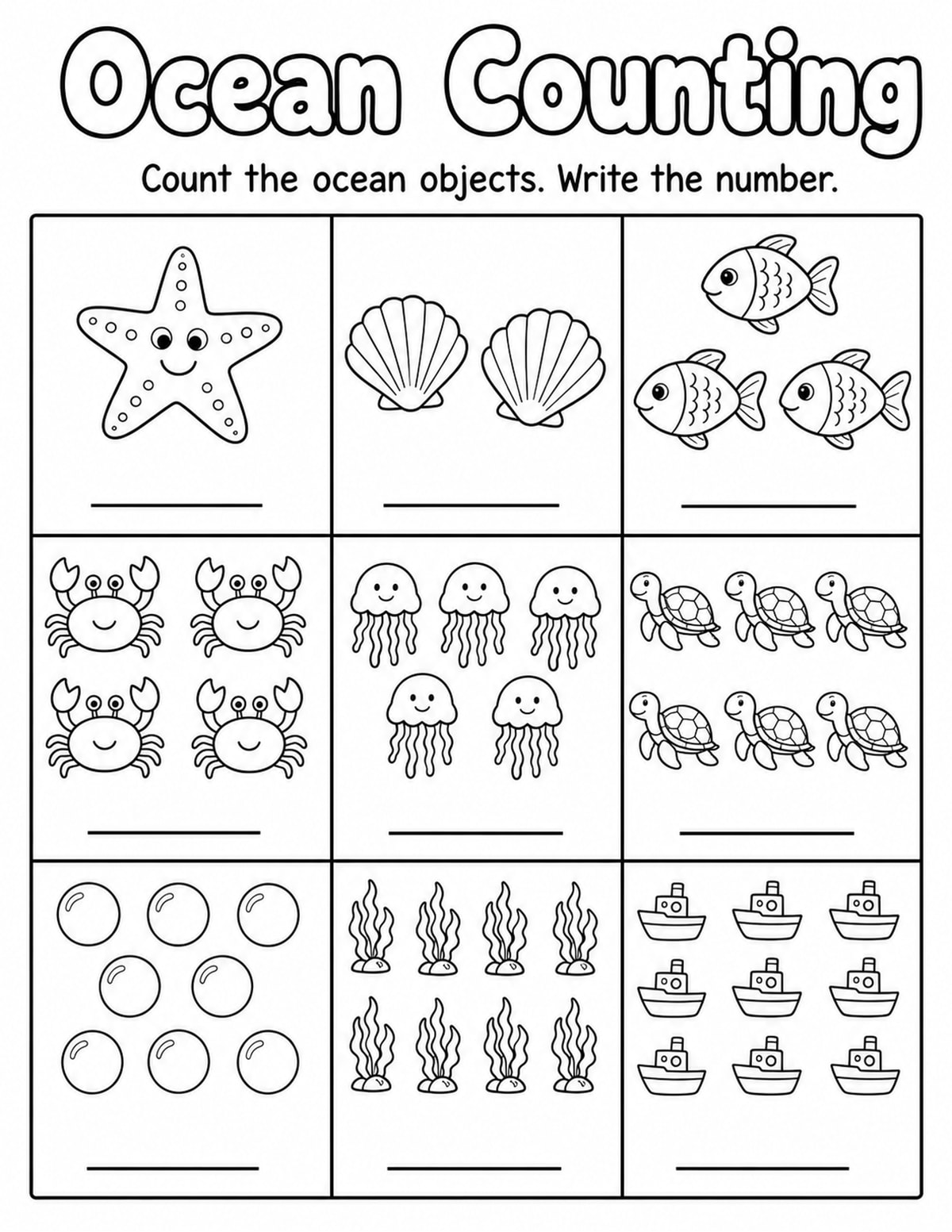 Sea Creatures Count and Write Worksheet printable preview