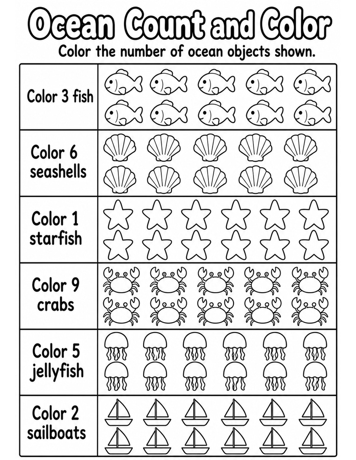 Sea Creatures Count and Color Worksheet printable preview