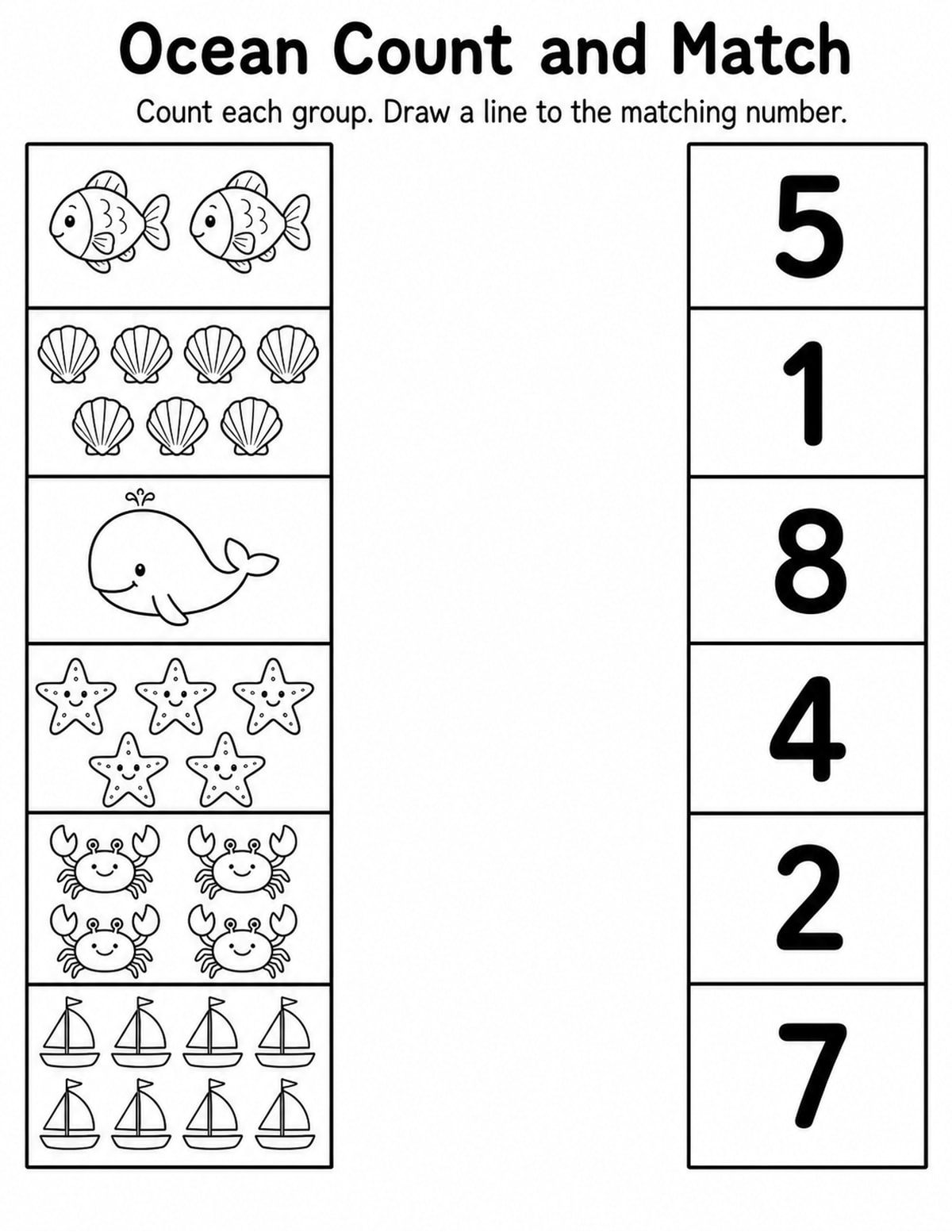 Sea Creatures Match Objects to Numbers Worksheet printable preview