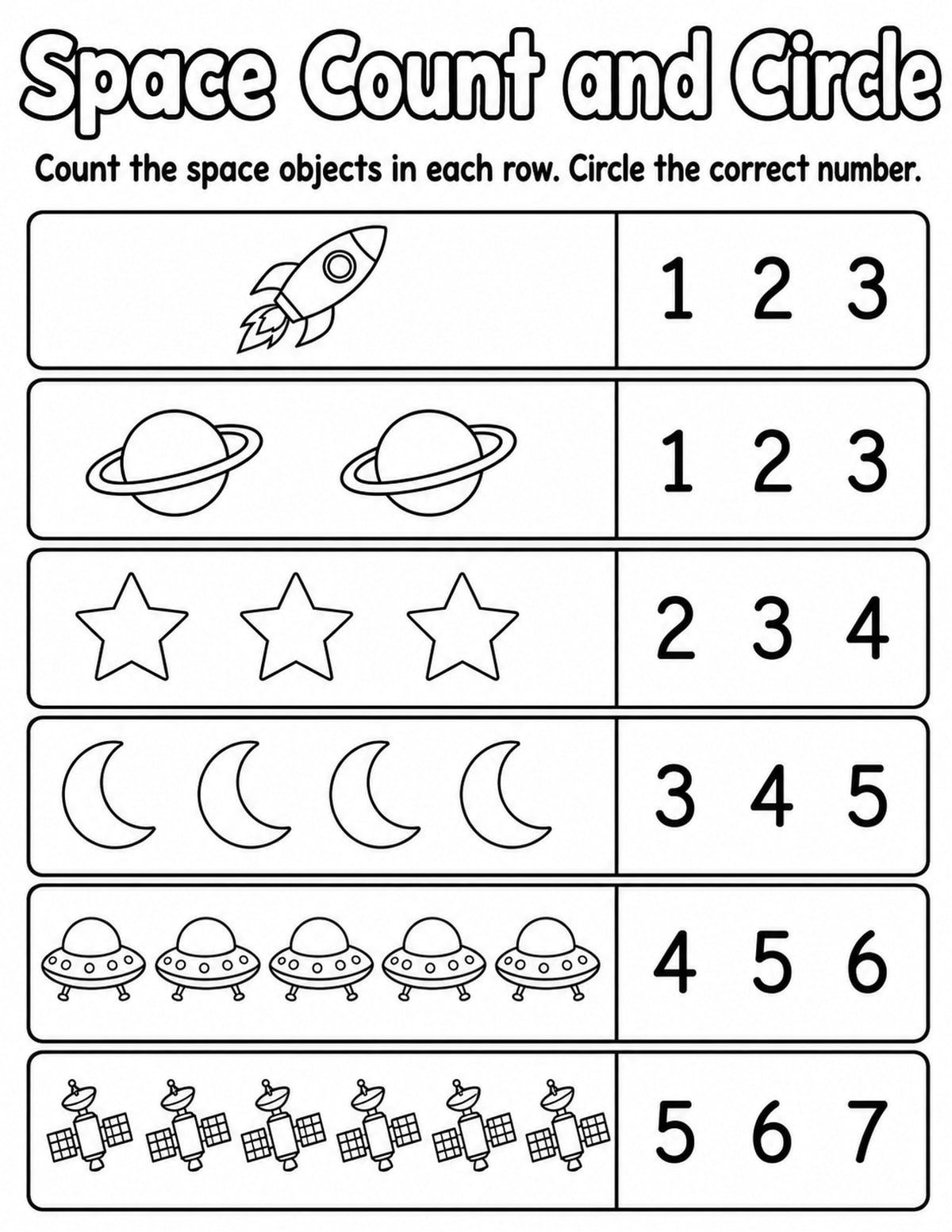 Space 1 Count and Circle Worksheet printable preview