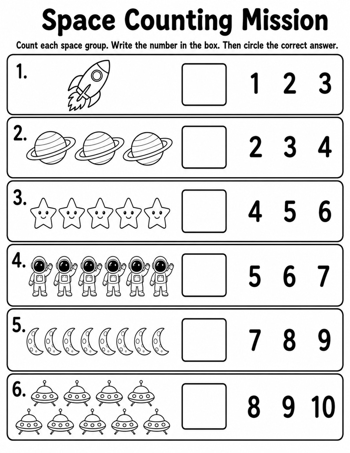Space Count and Circle Worksheet printable preview