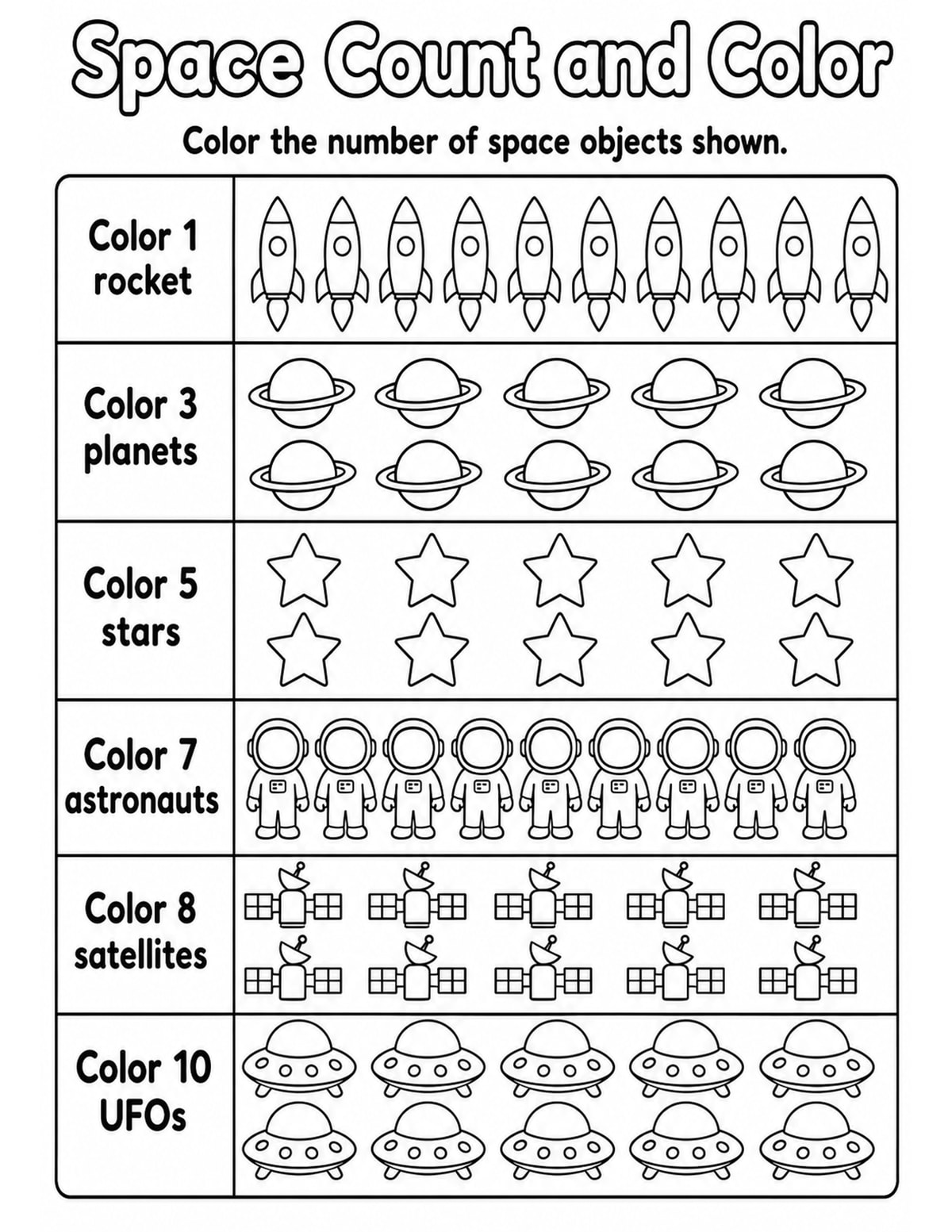 Space Count and Color Worksheet printable preview