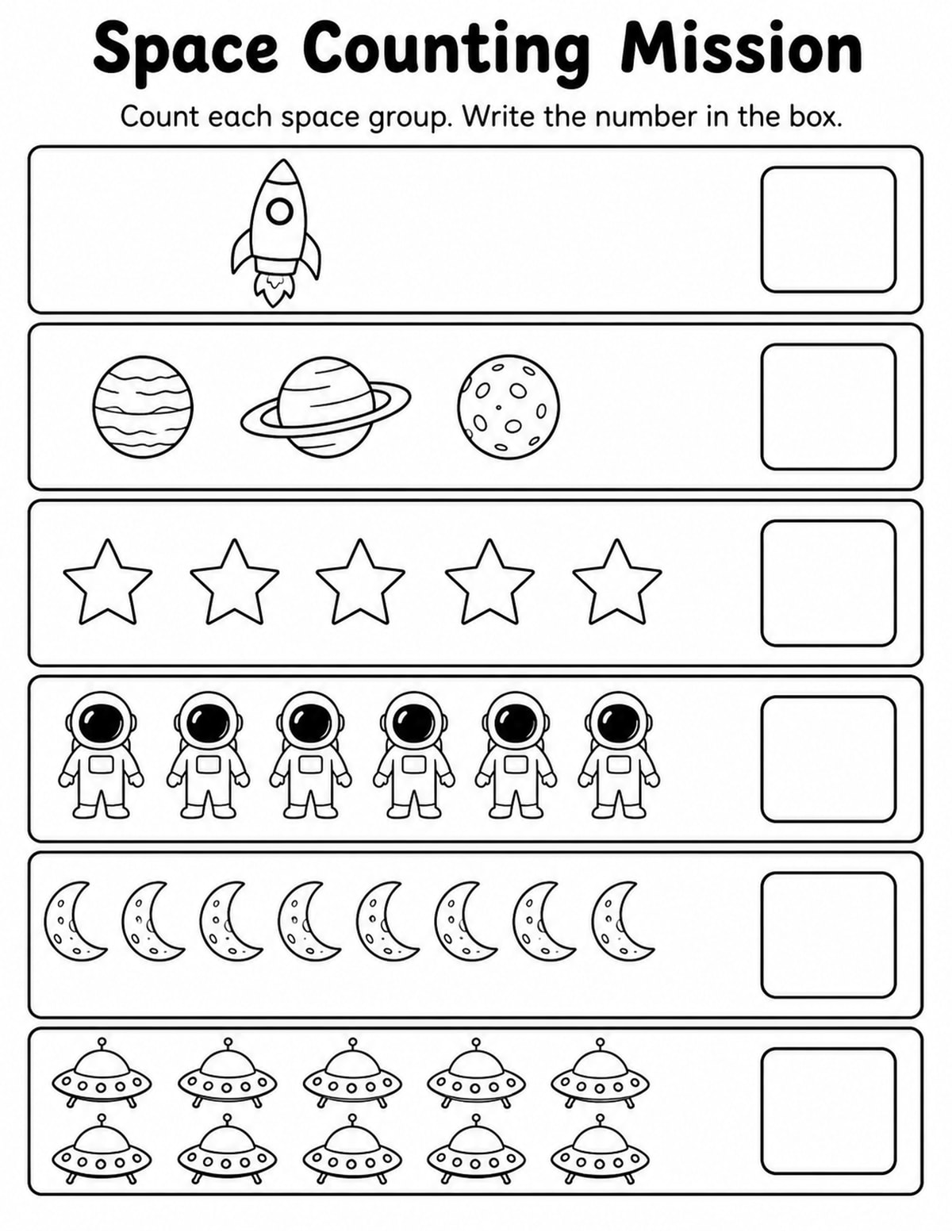 Space 1 Count and Write Worksheet printable preview