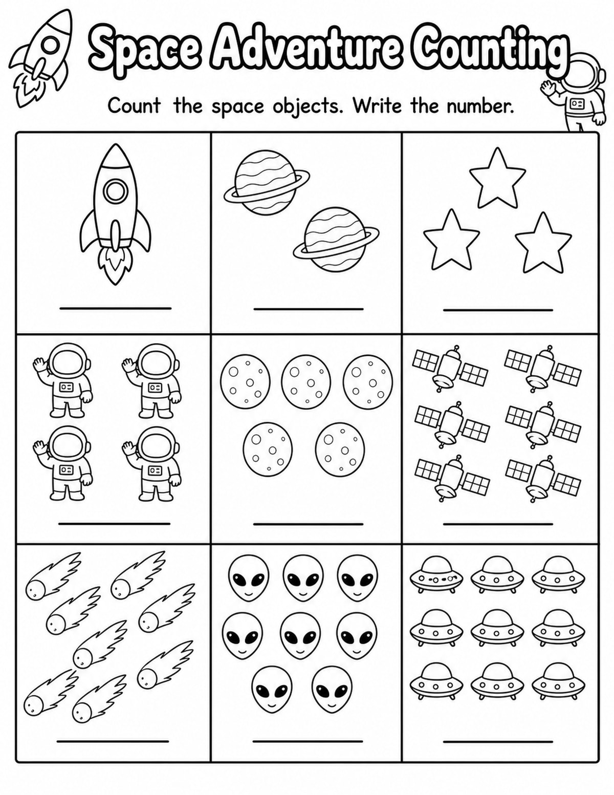 Space 2 Count and Write Worksheet printable preview