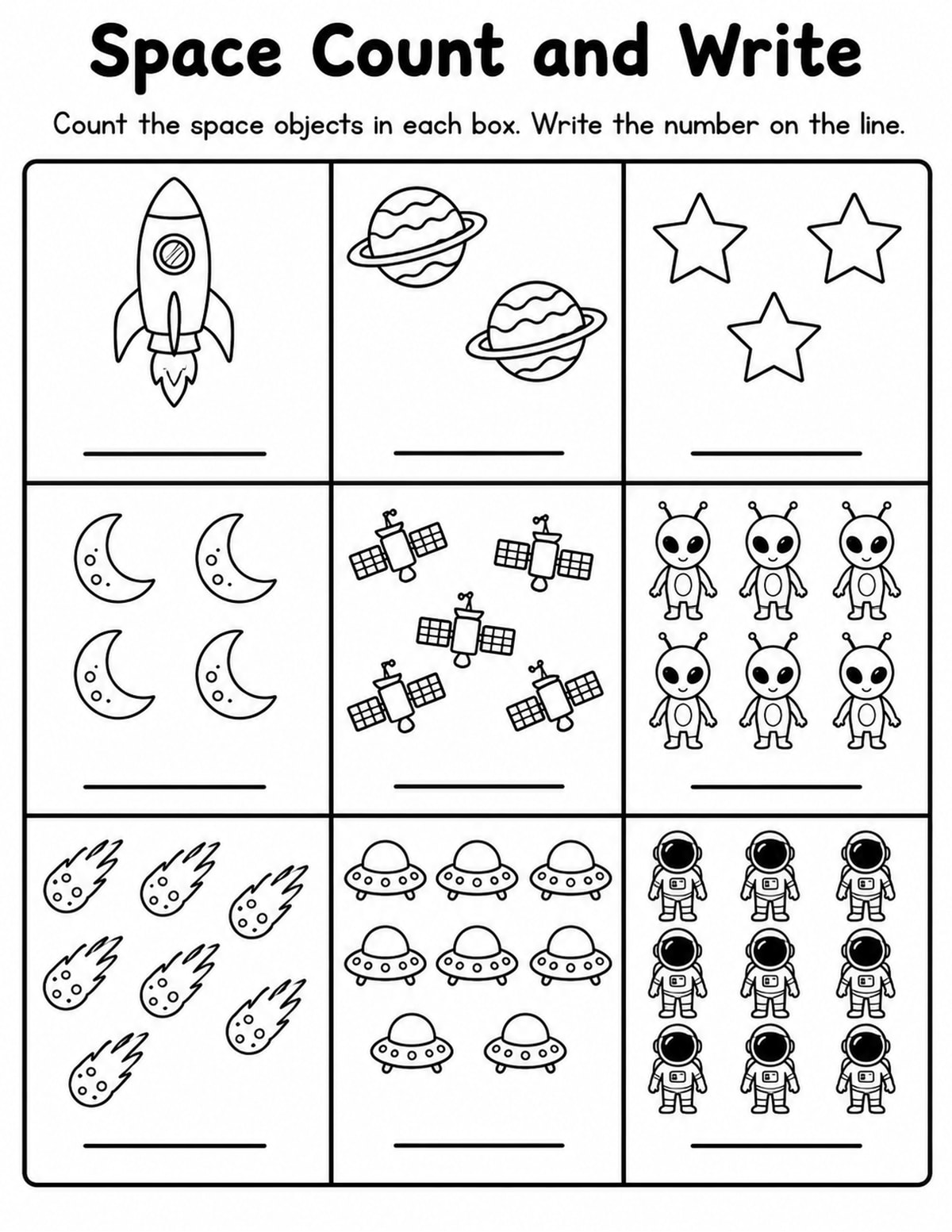 Space Count and Write Worksheet printable preview