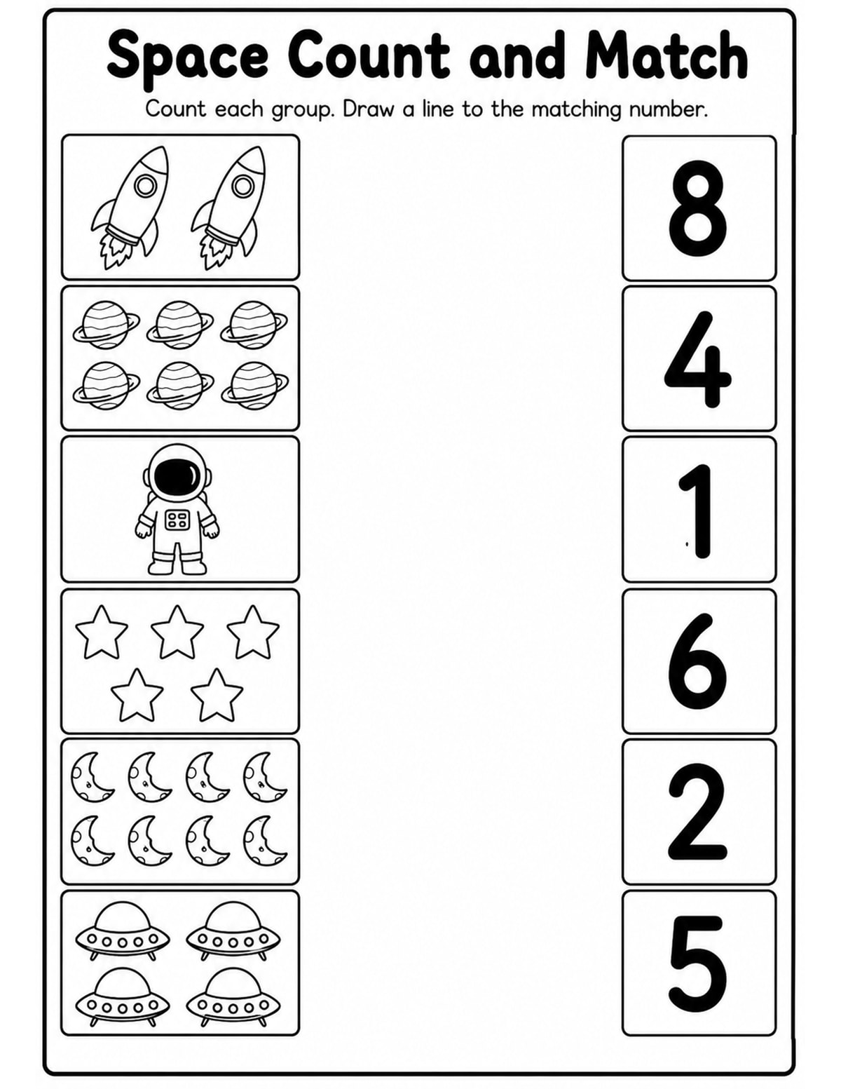 Space 1 Match Objects to Numbers Worksheet printable preview