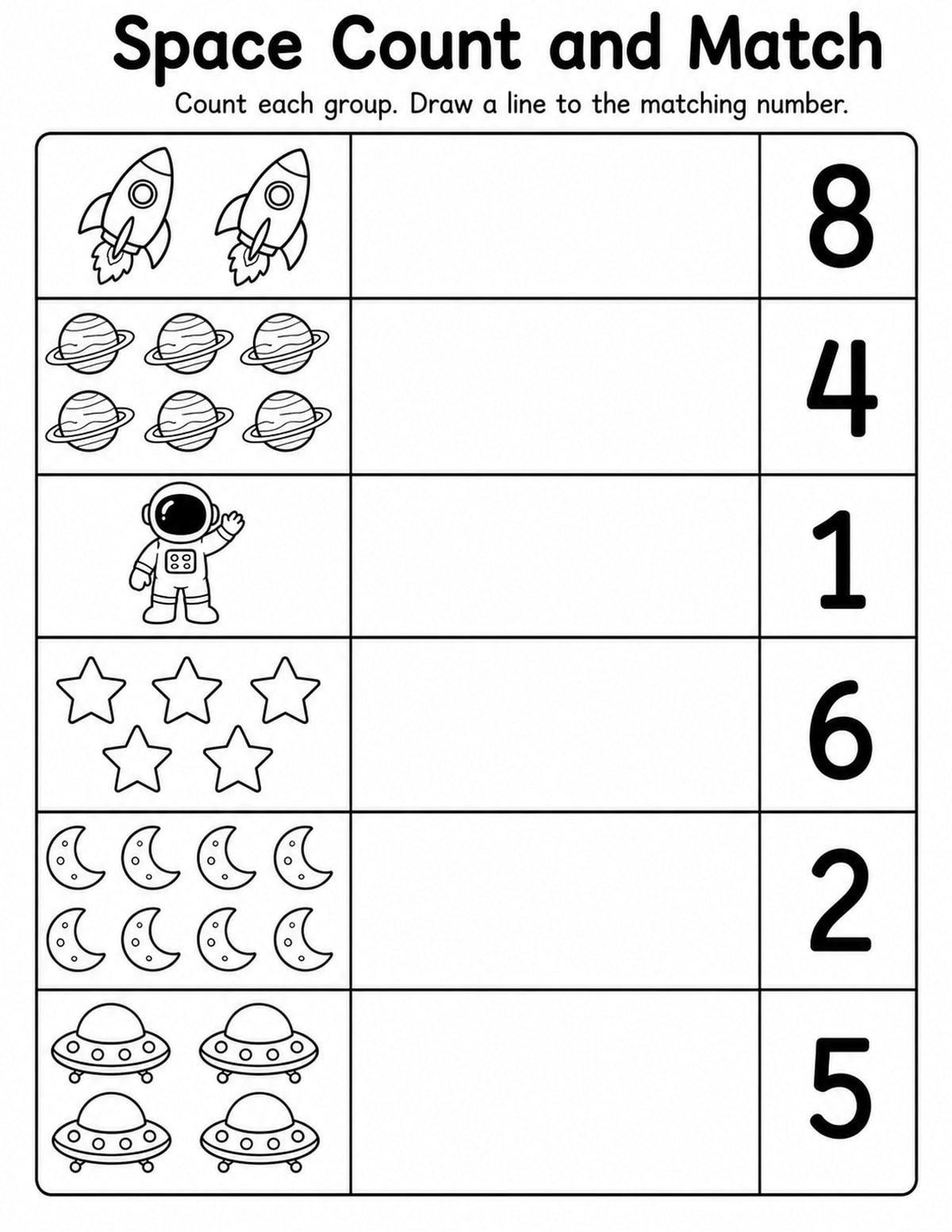 Space Match Objects to Numbers Worksheet printable preview