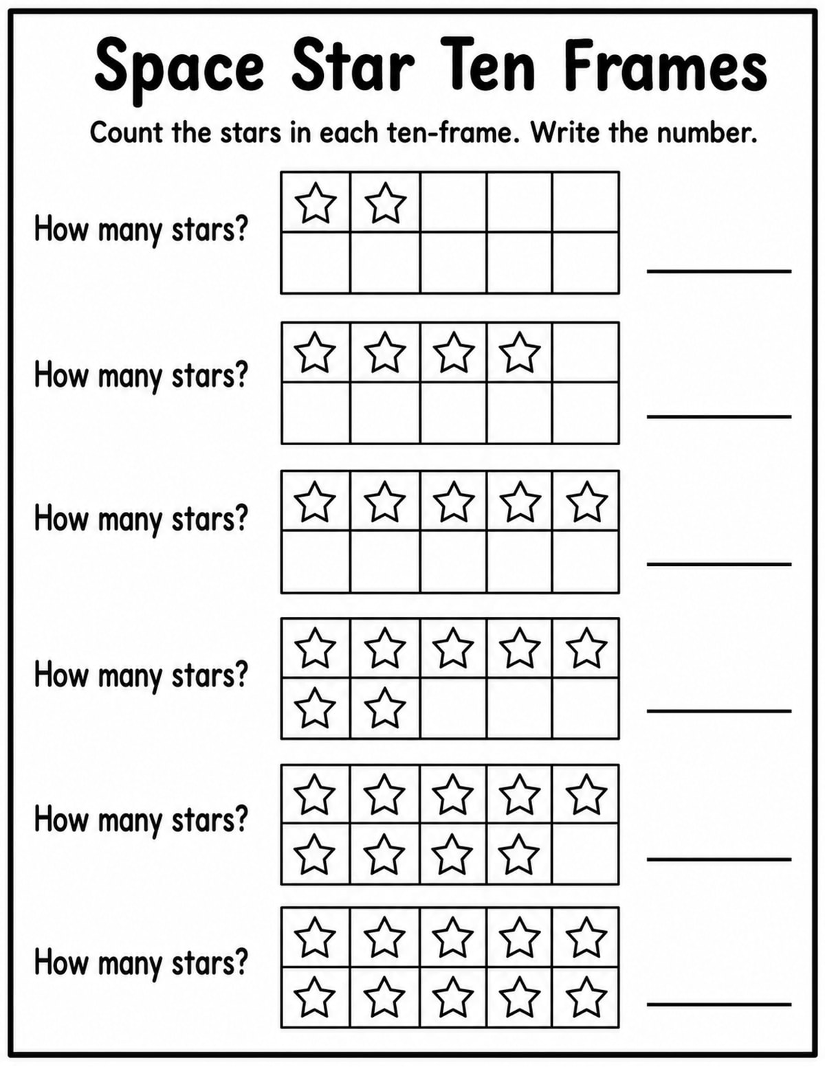 Space Stars Ten Frame Counting Worksheet printable preview