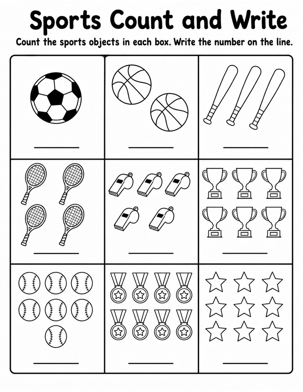 Sports Count and Write Worksheet printable preview