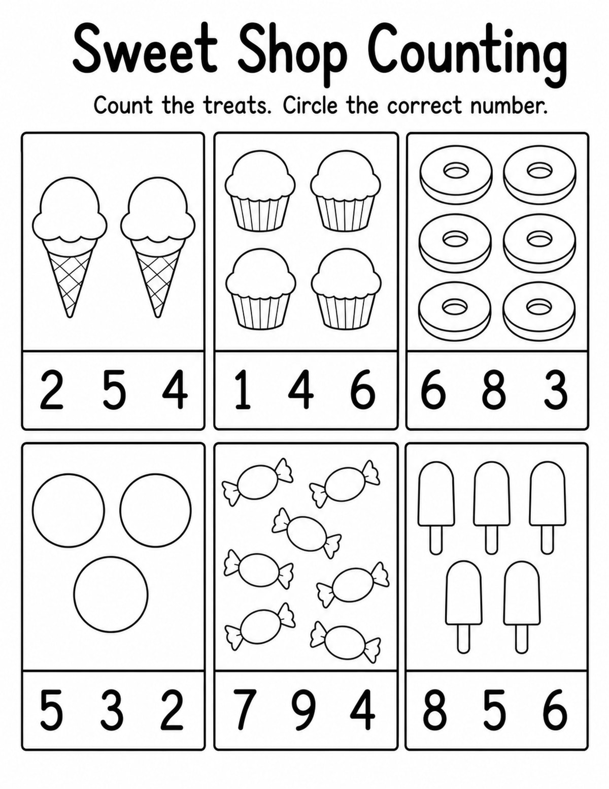 Sweet Shop Count and Circle Worksheet printable preview