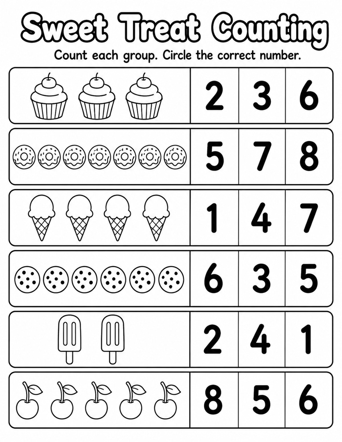 Sweet Treats 1 Count and Circle Worksheet printable preview