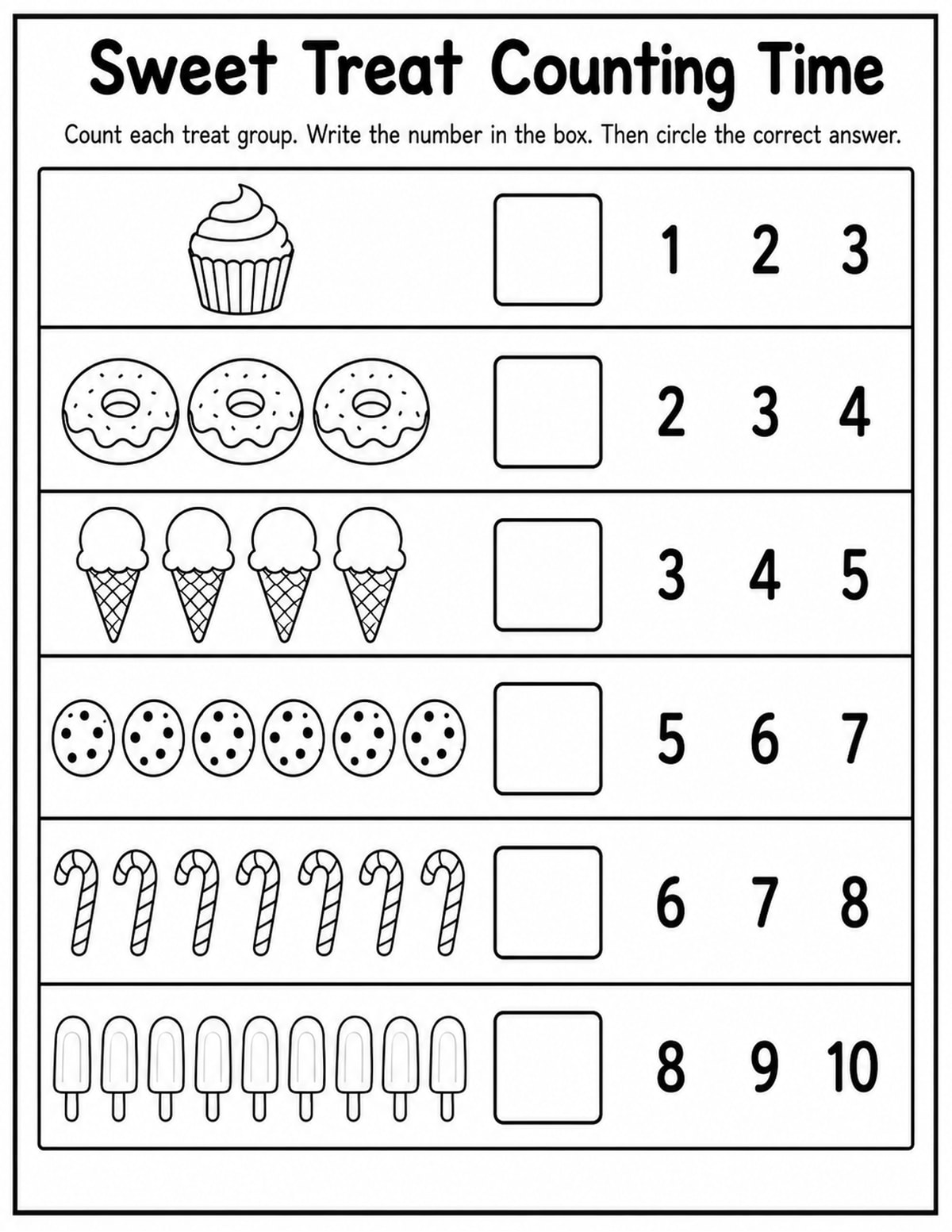 Sweet Treats Count and Circle Worksheet printable preview
