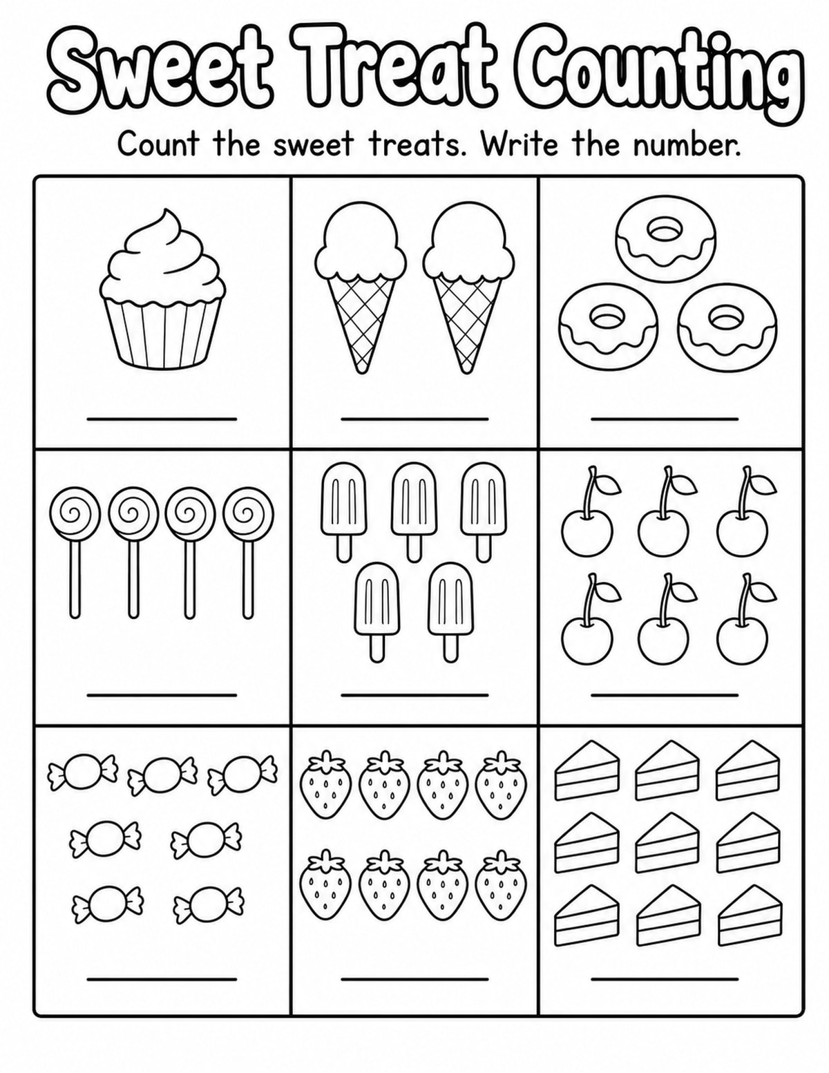 Sweet Treats Count and Write Worksheet printable preview