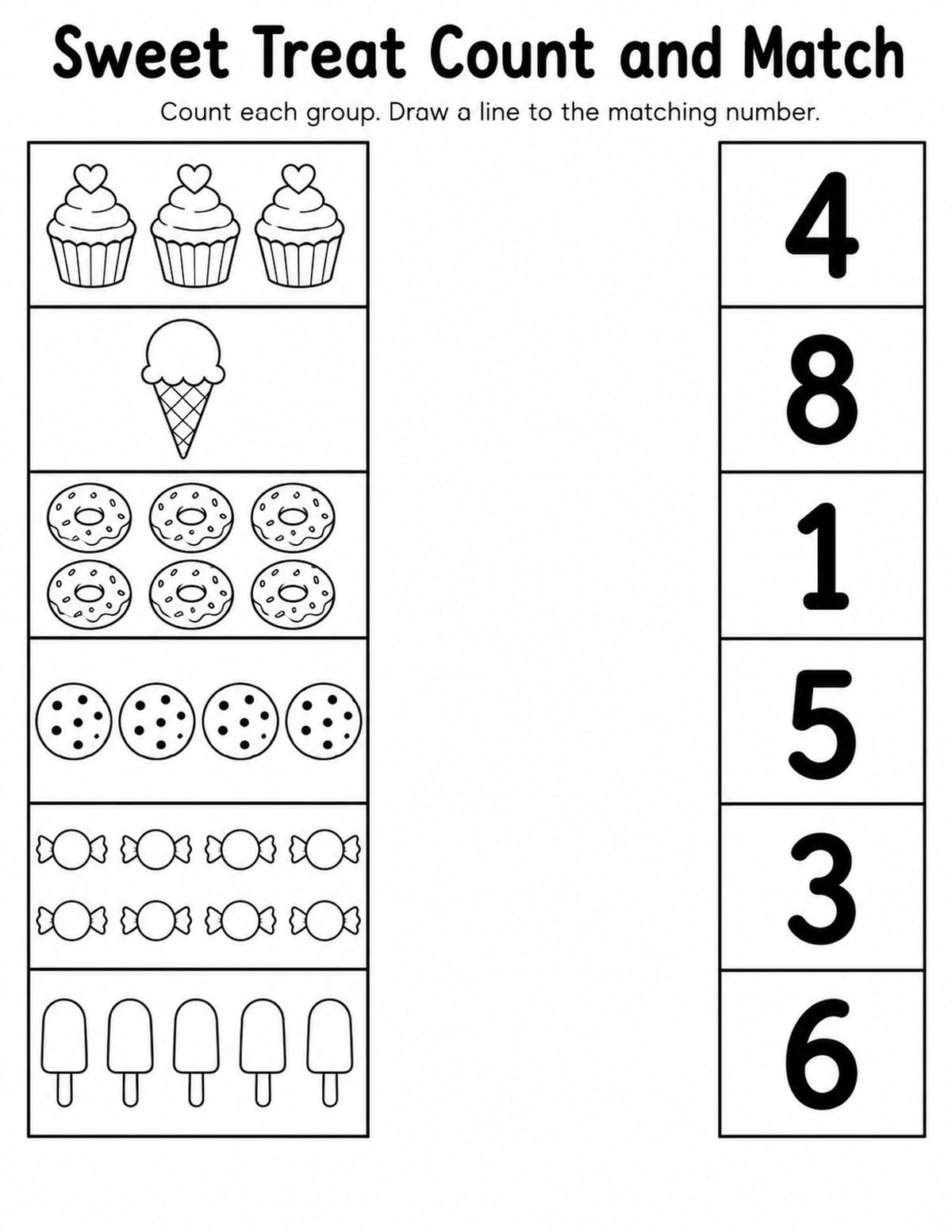 Sweet Treats 1 Match Objects to Numbers Worksheet printable preview