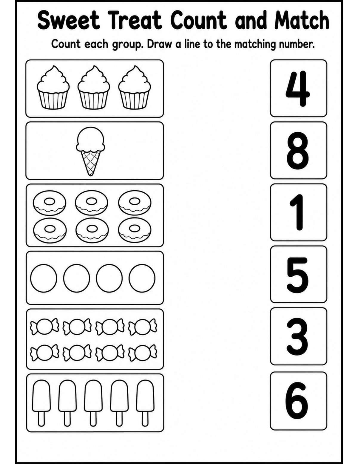 Sweet Treats Match Objects to Numbers Worksheet printable preview