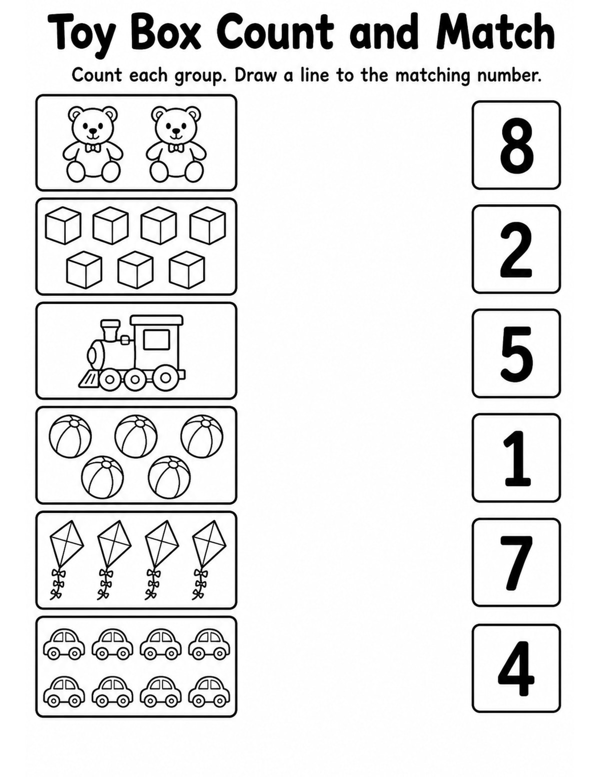 Toy Box Match Objects to Numbers Worksheet printable preview