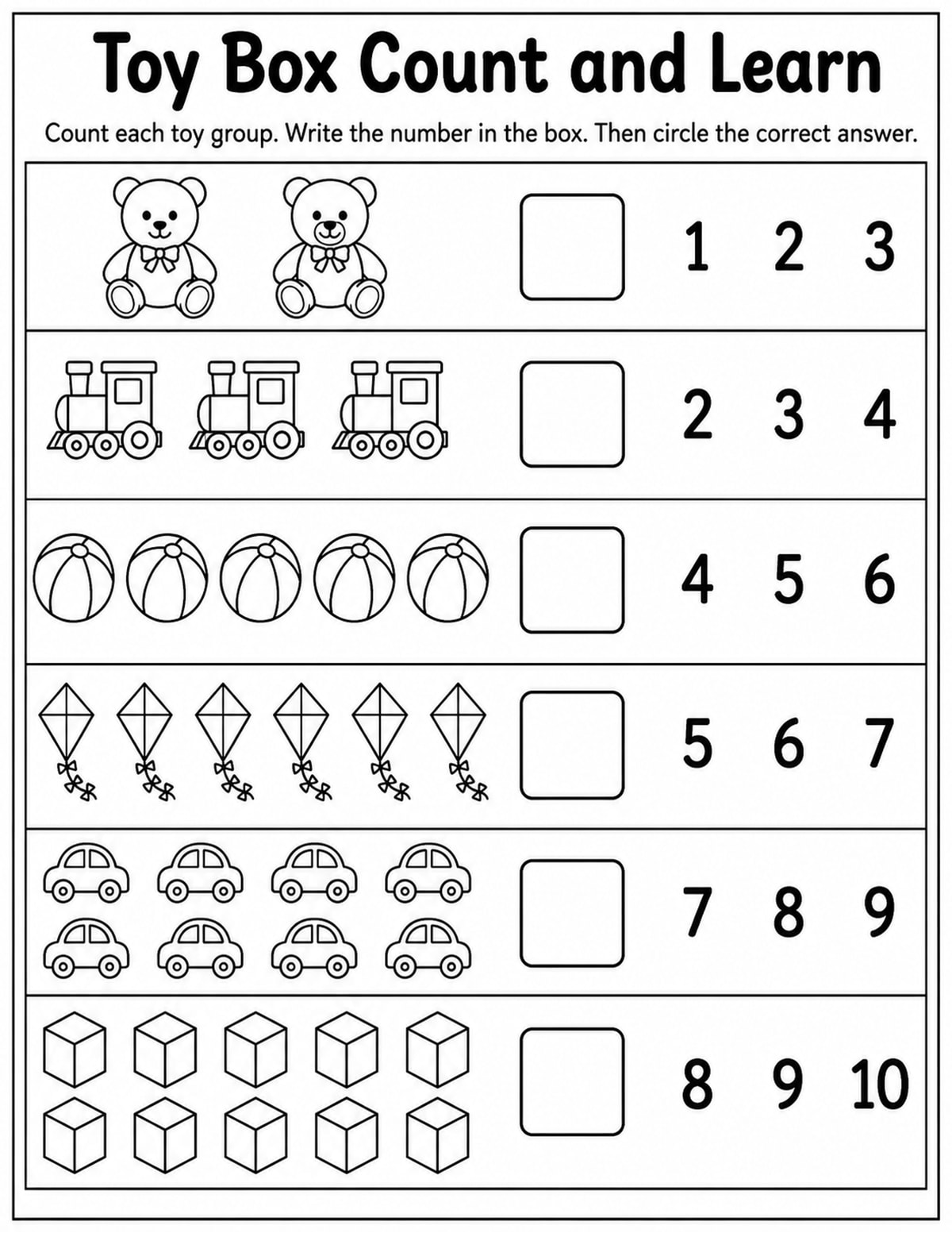 Toys Count and Circle Worksheet printable preview