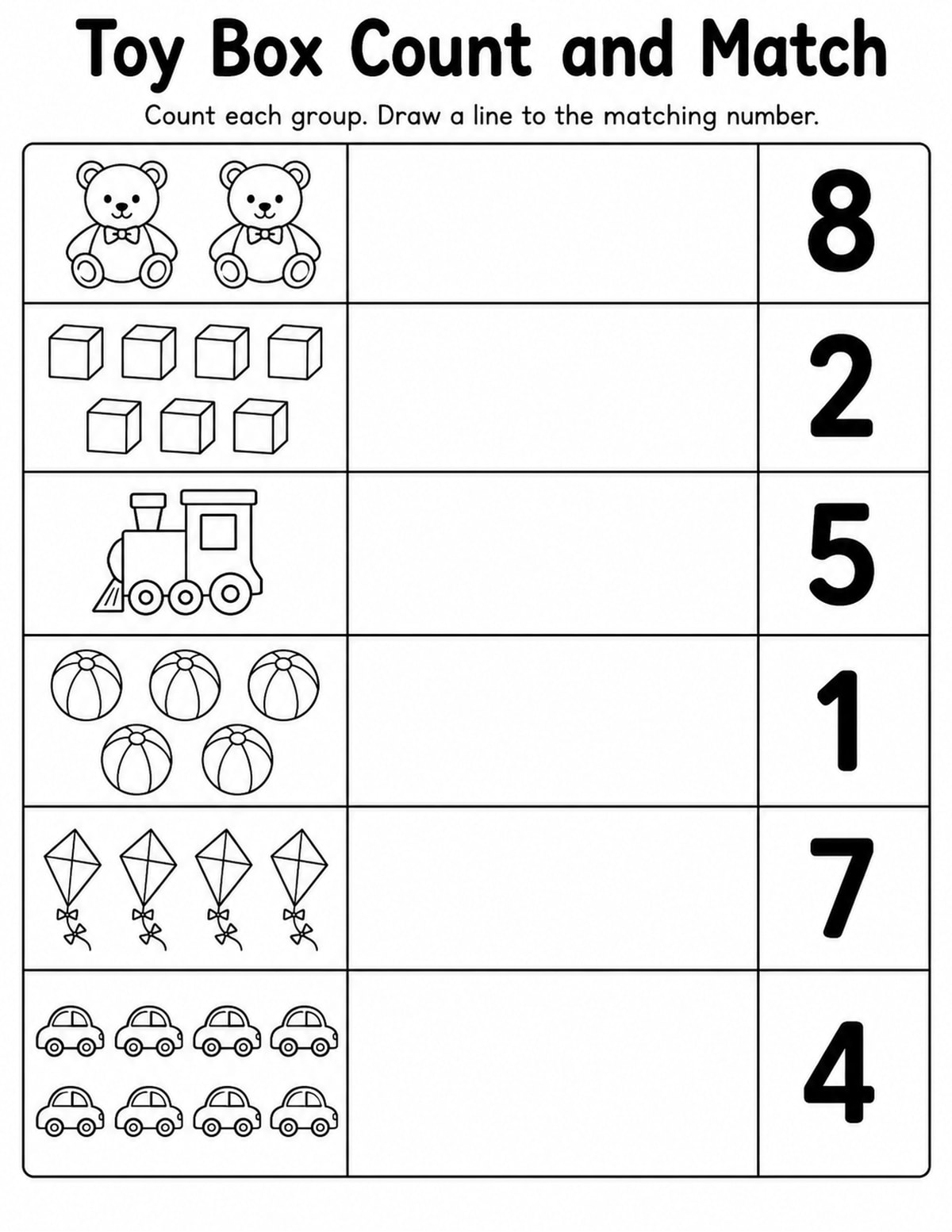 Toys Match Objects to Numbers Worksheet printable preview