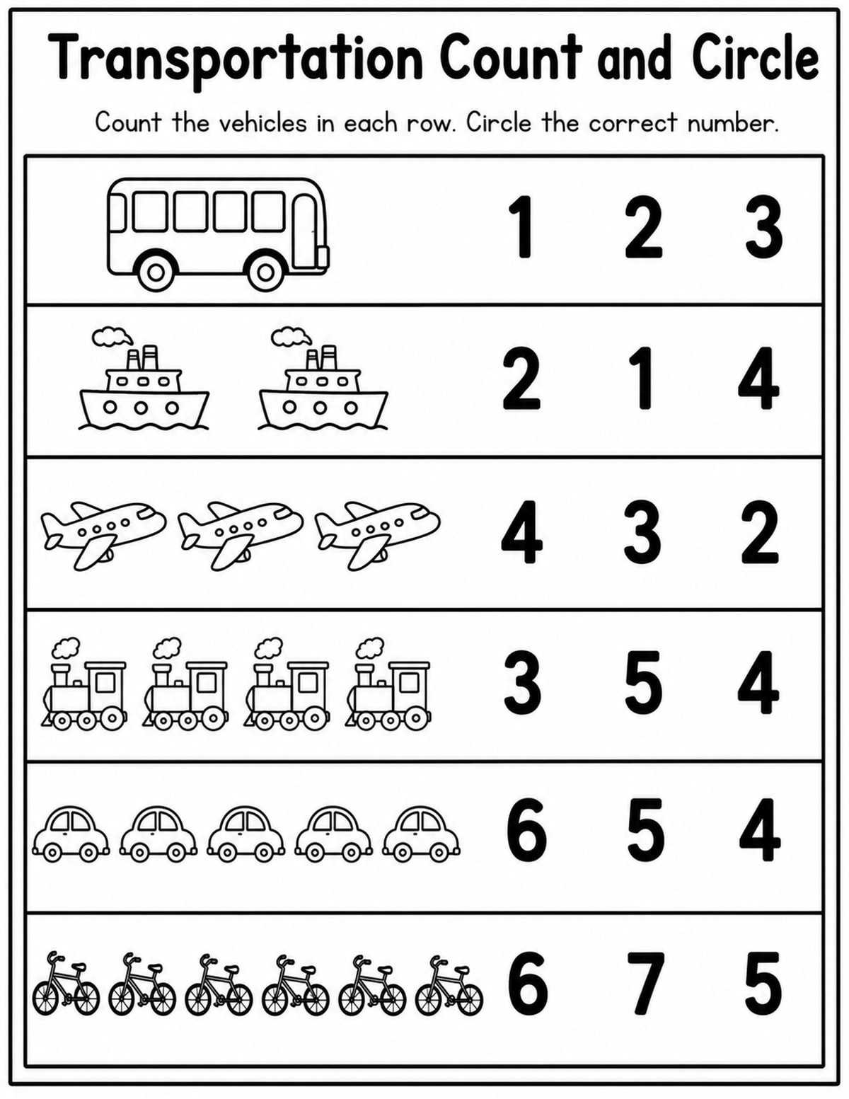 Vehicles Count and Circle Worksheet printable preview
