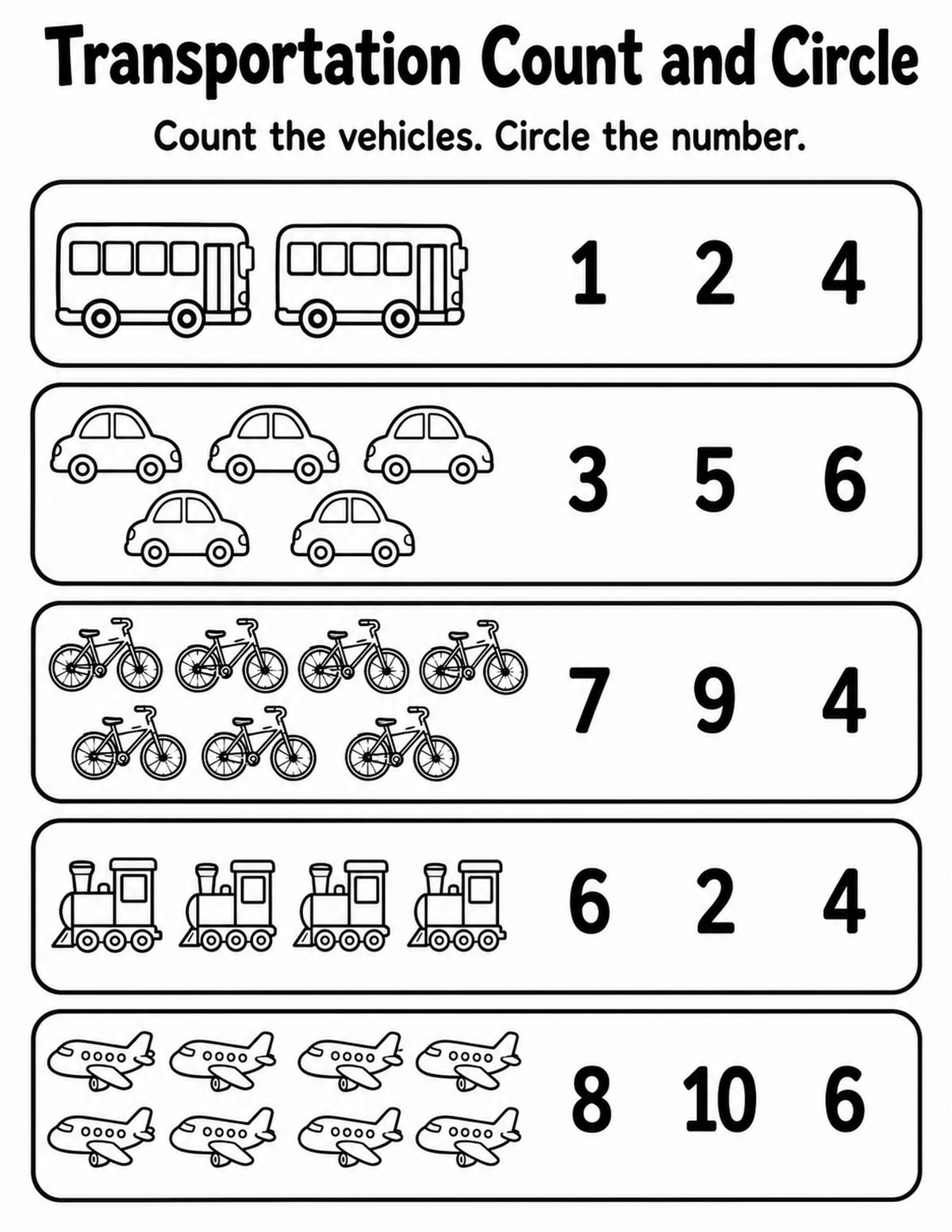 Vehicles Count and Circle Worksheet printable preview