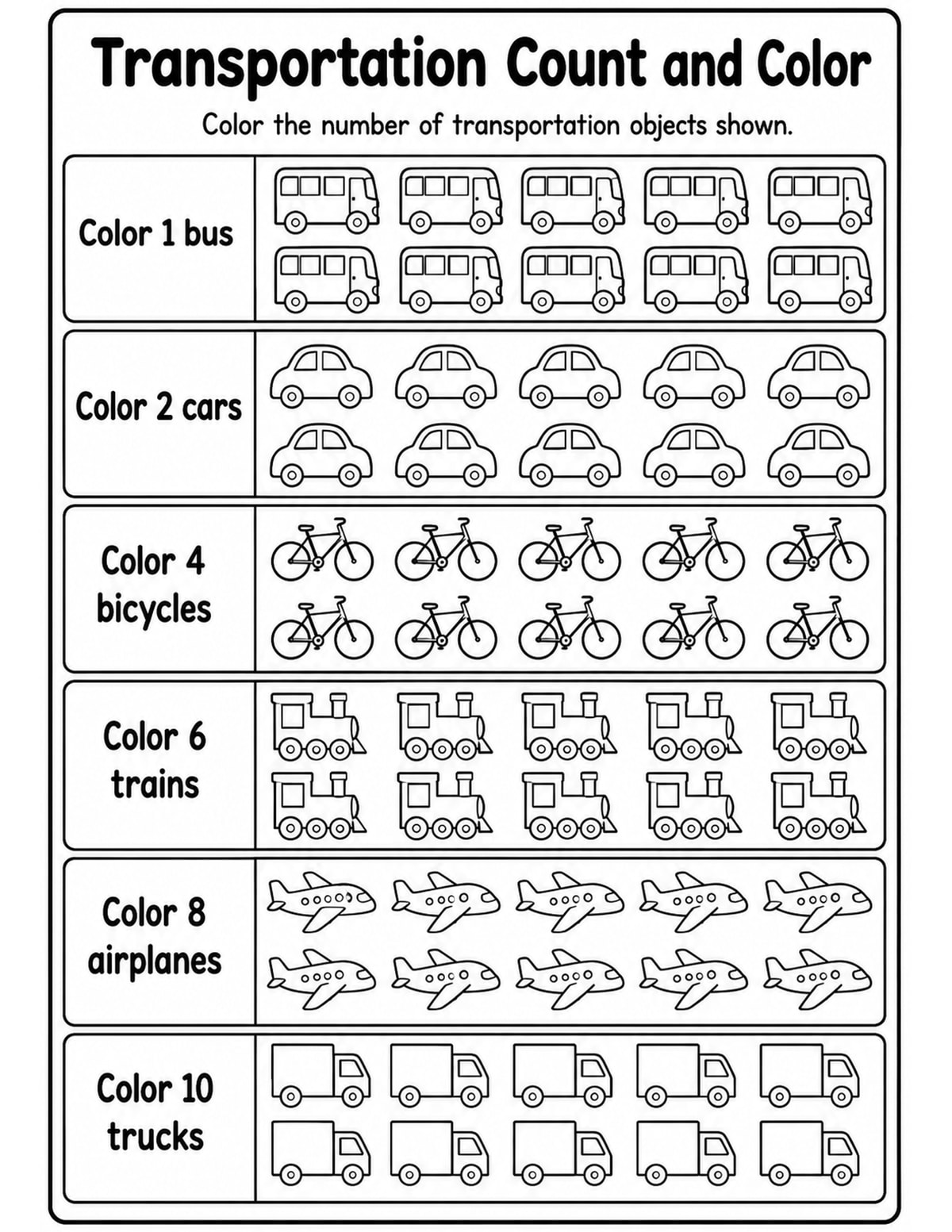 Vehicles Count and Color Worksheet printable preview