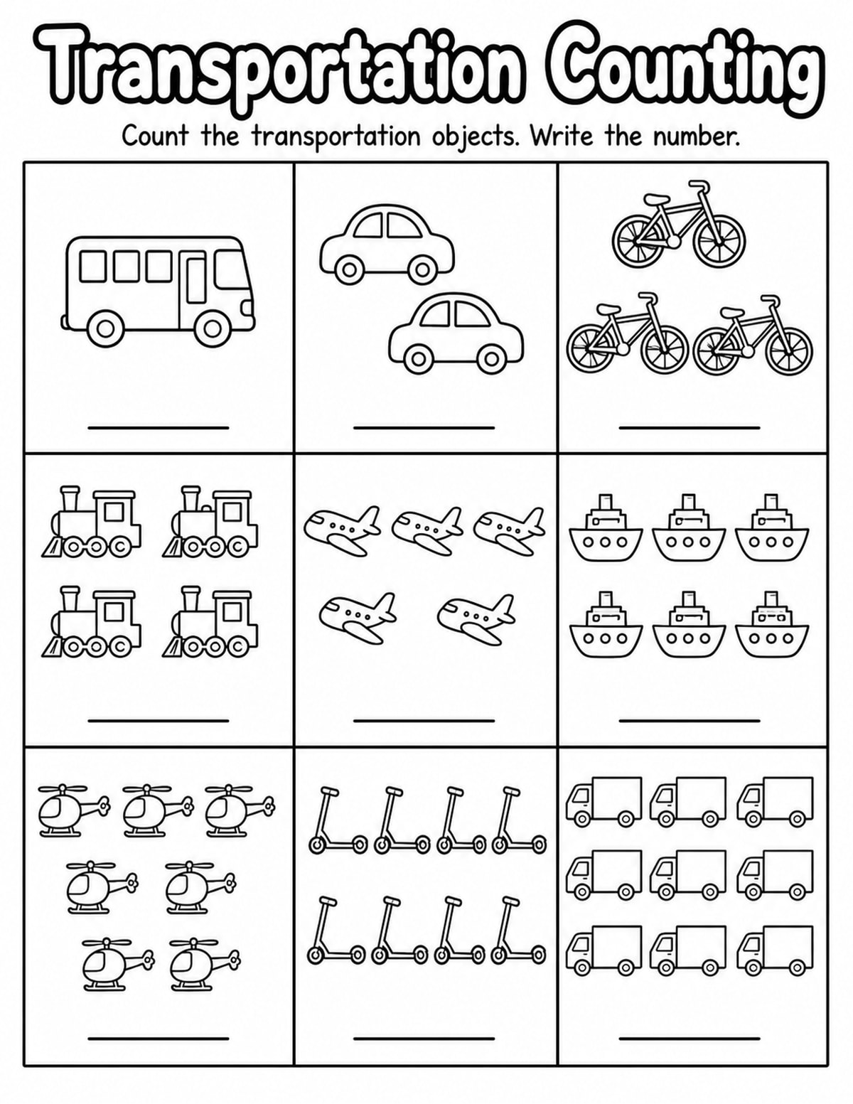 Vehicles Count and Write Worksheet printable preview
