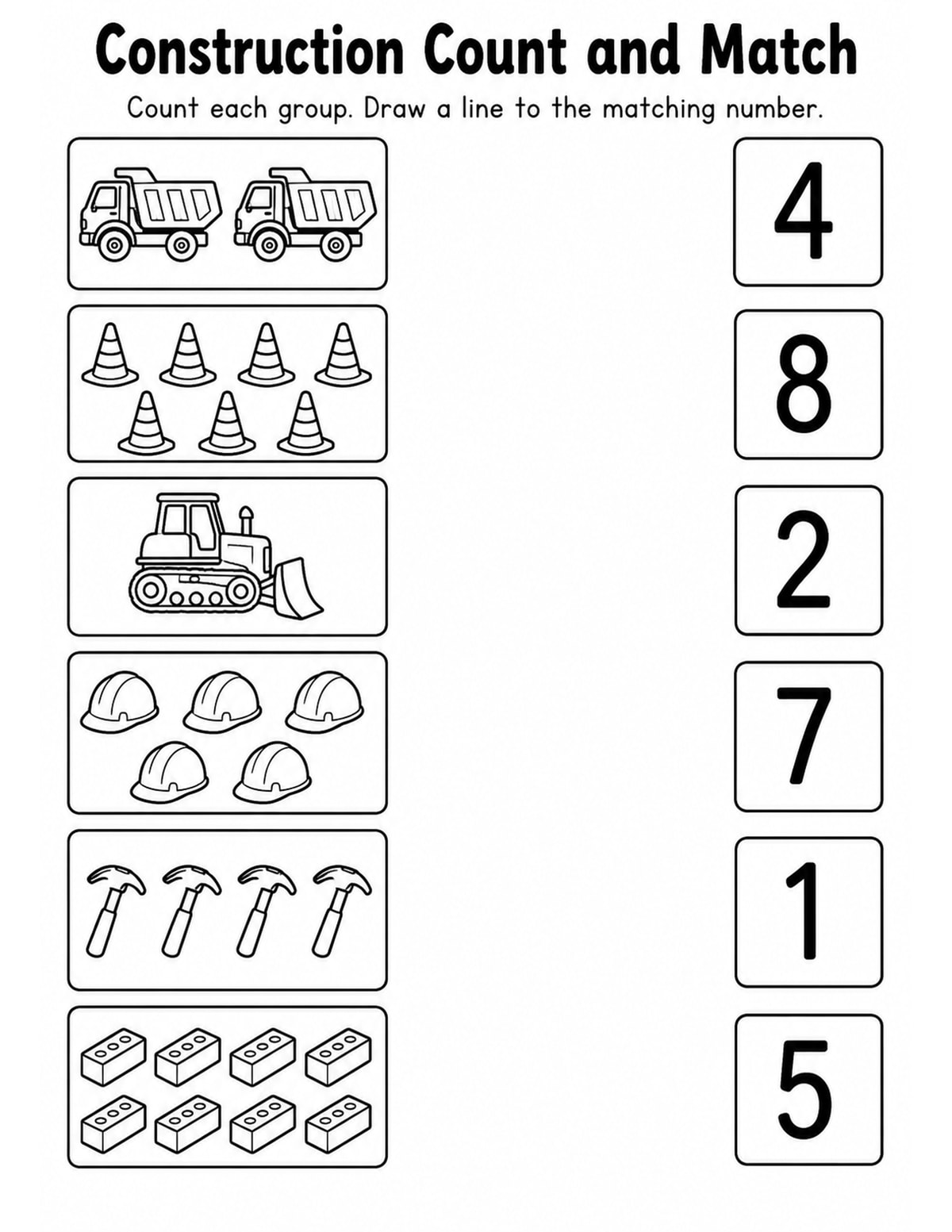 Vehicles Match Objects to Numbers Worksheet printable preview