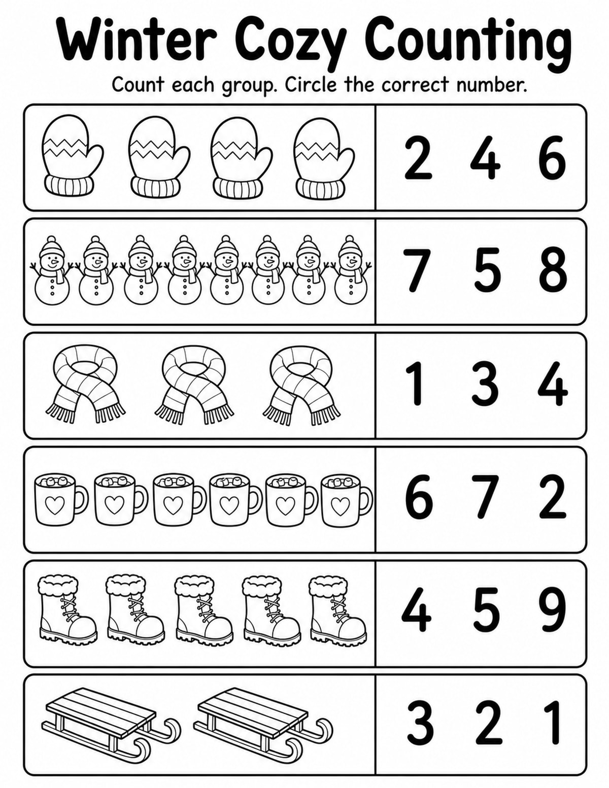 Winter 1 Count and Circle Worksheet printable preview