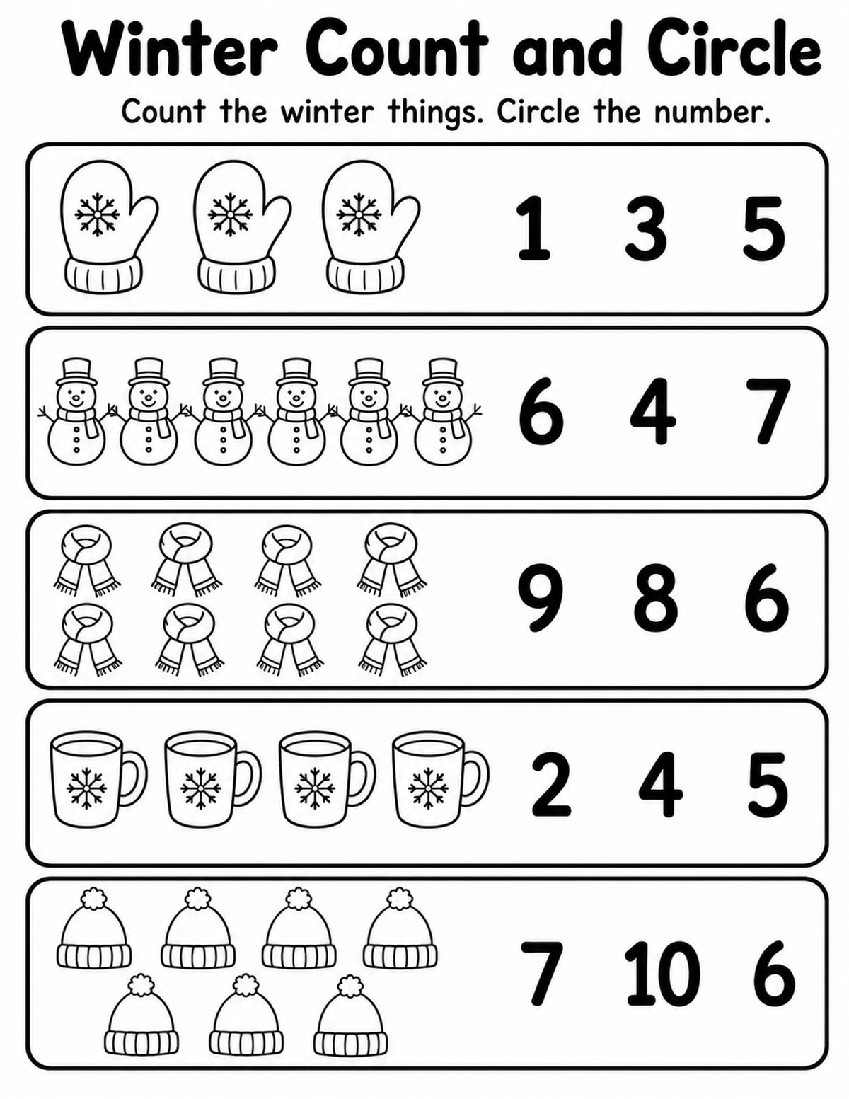 Winter Count and Circle Worksheet printable preview