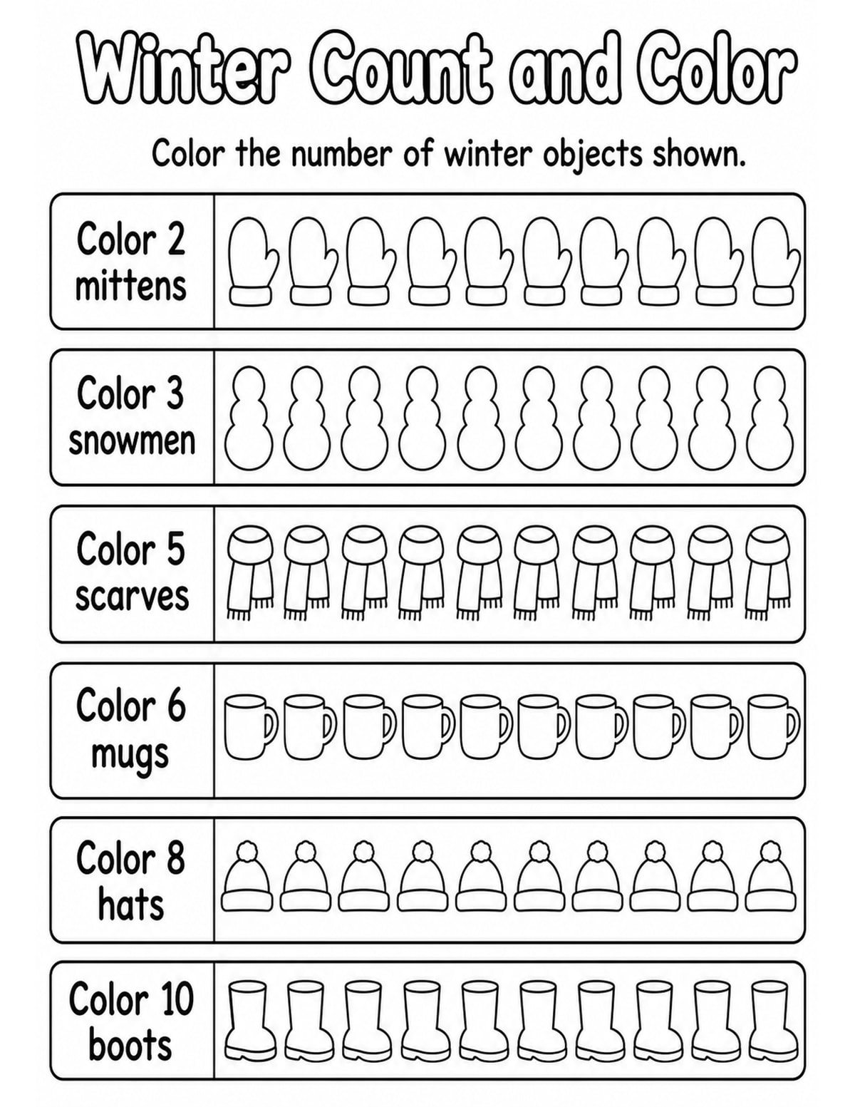 Winter Count and Color Worksheet printable preview