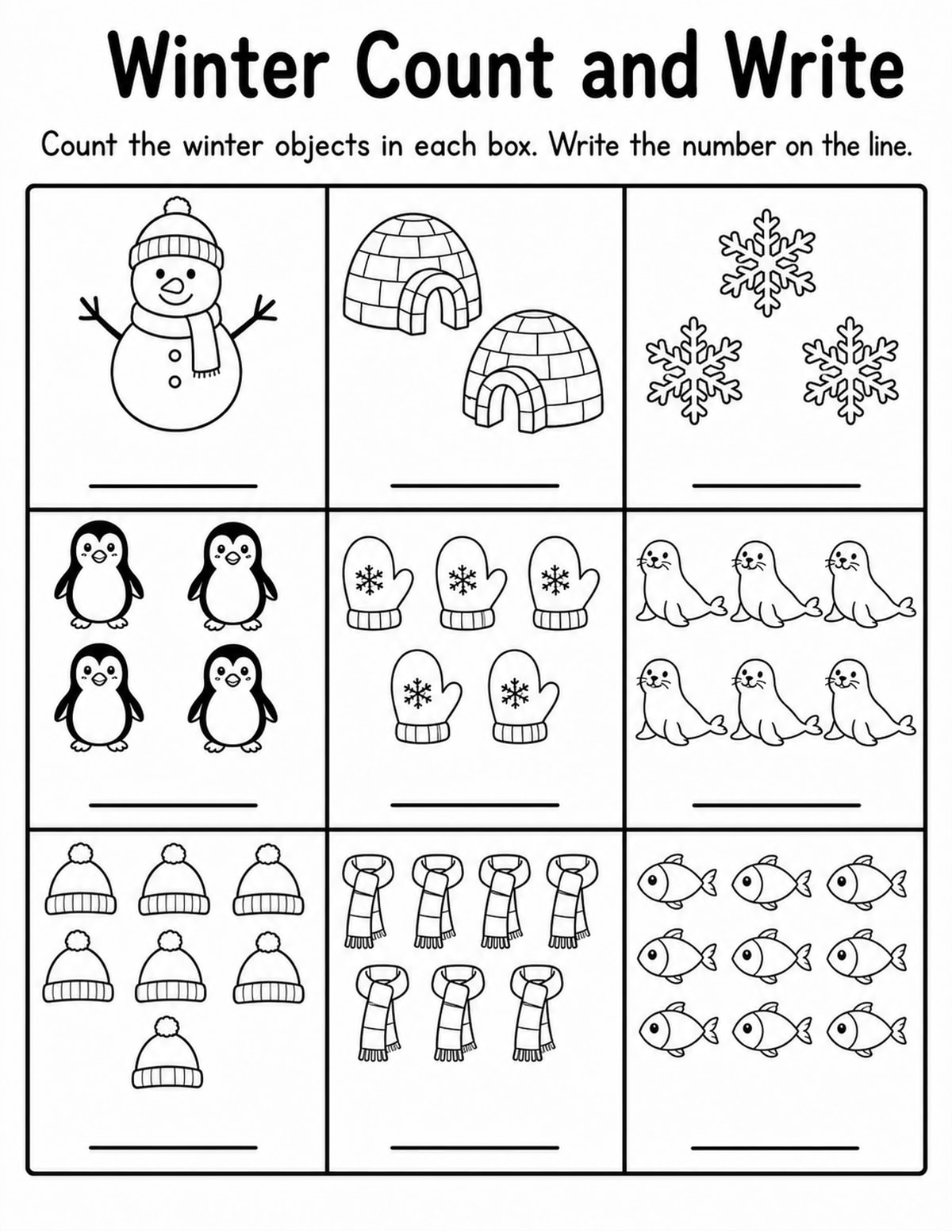 Winter 1 Count and Write Worksheet printable preview