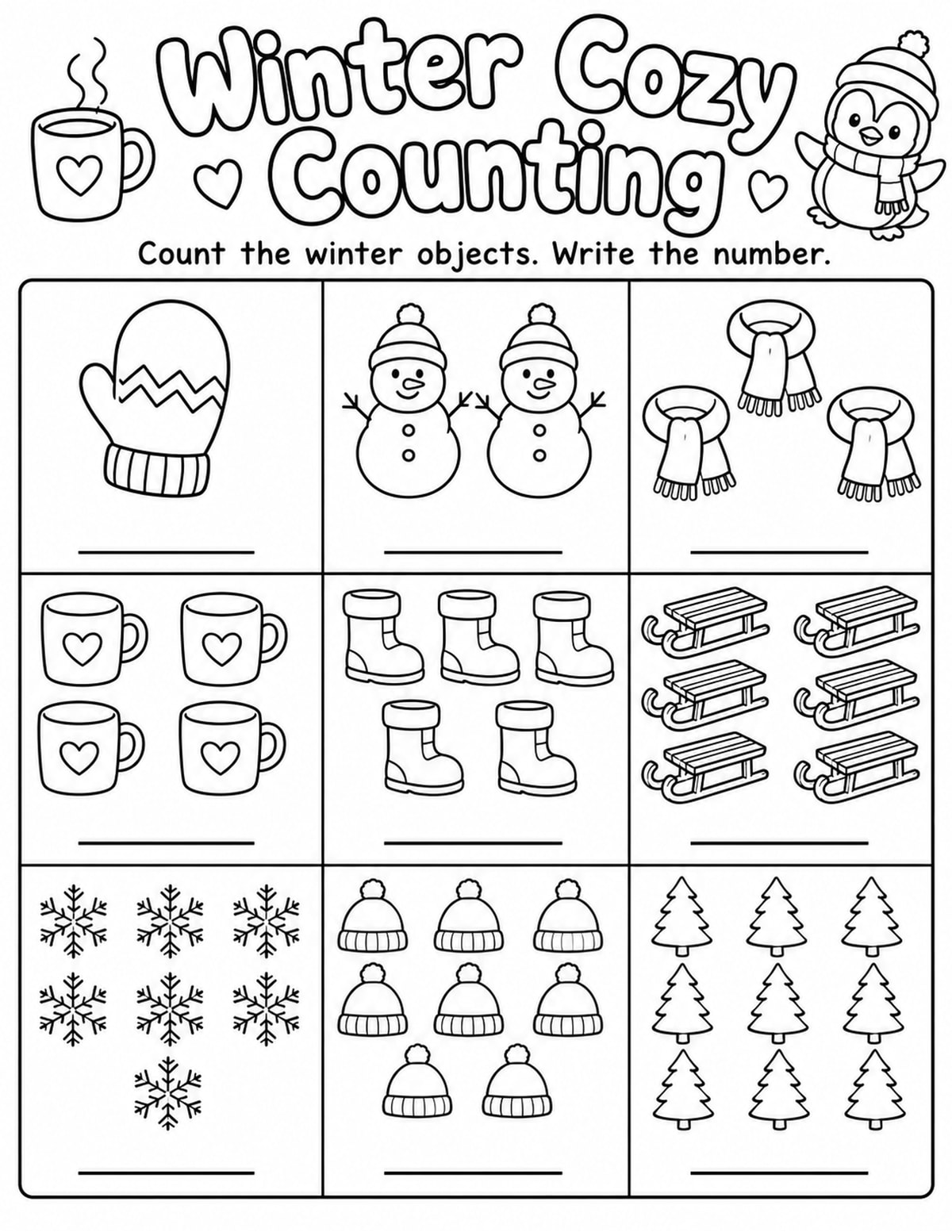 Winter Count and Write Worksheet printable preview