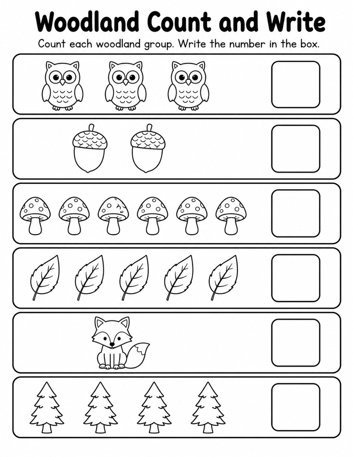 Woodland Count and Write Worksheet printable preview