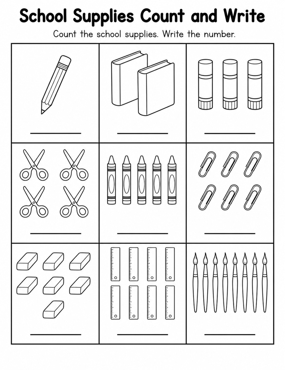 Worksheet School Supplies Count and Write Worksheet printable preview