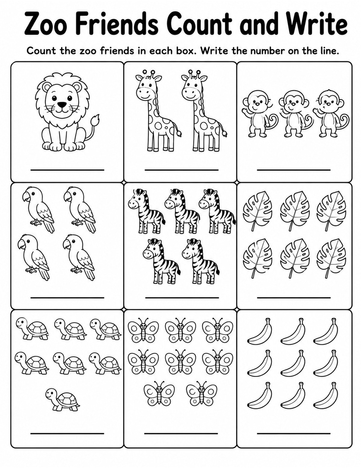 Zoo Friends Count and Write Worksheet printable preview