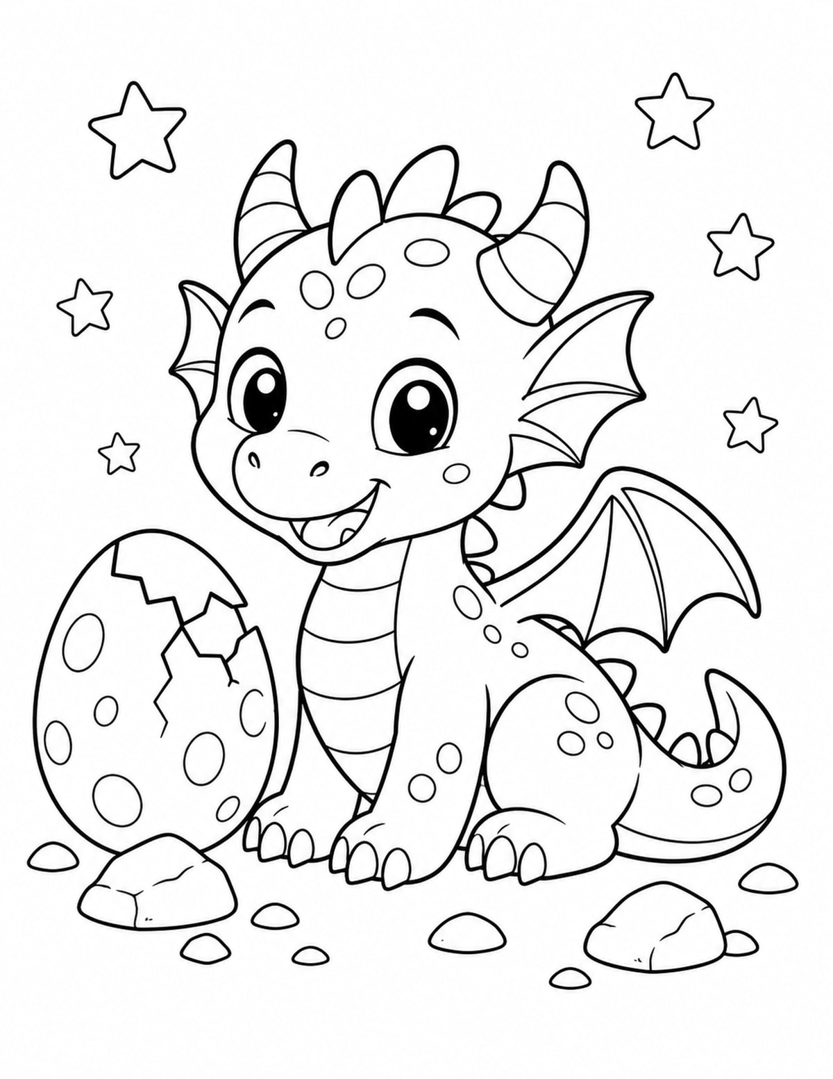 Cute Baby Dragon Sitting beside a Cracked Egg printable preview
