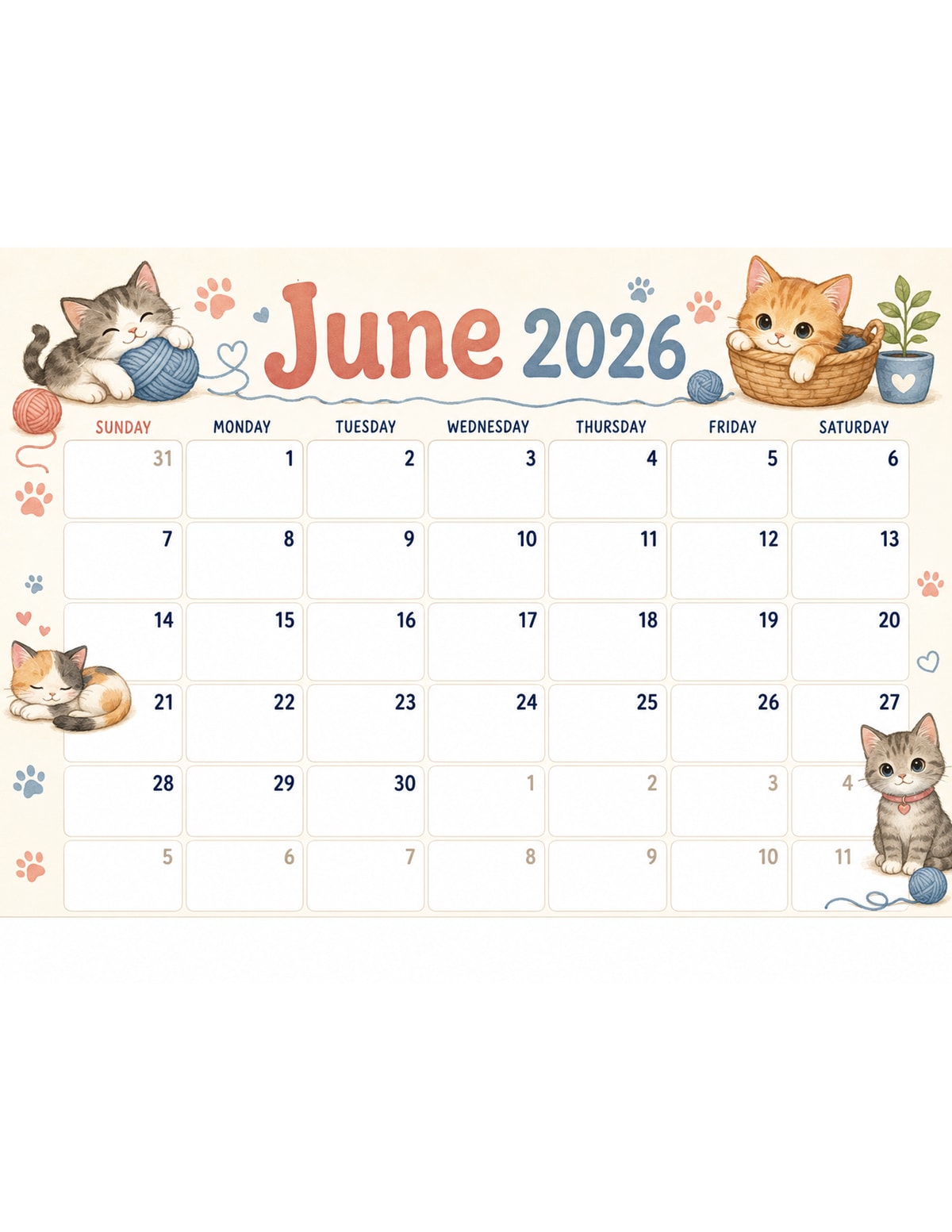 Cute Cat June 2026 Calendar printable preview