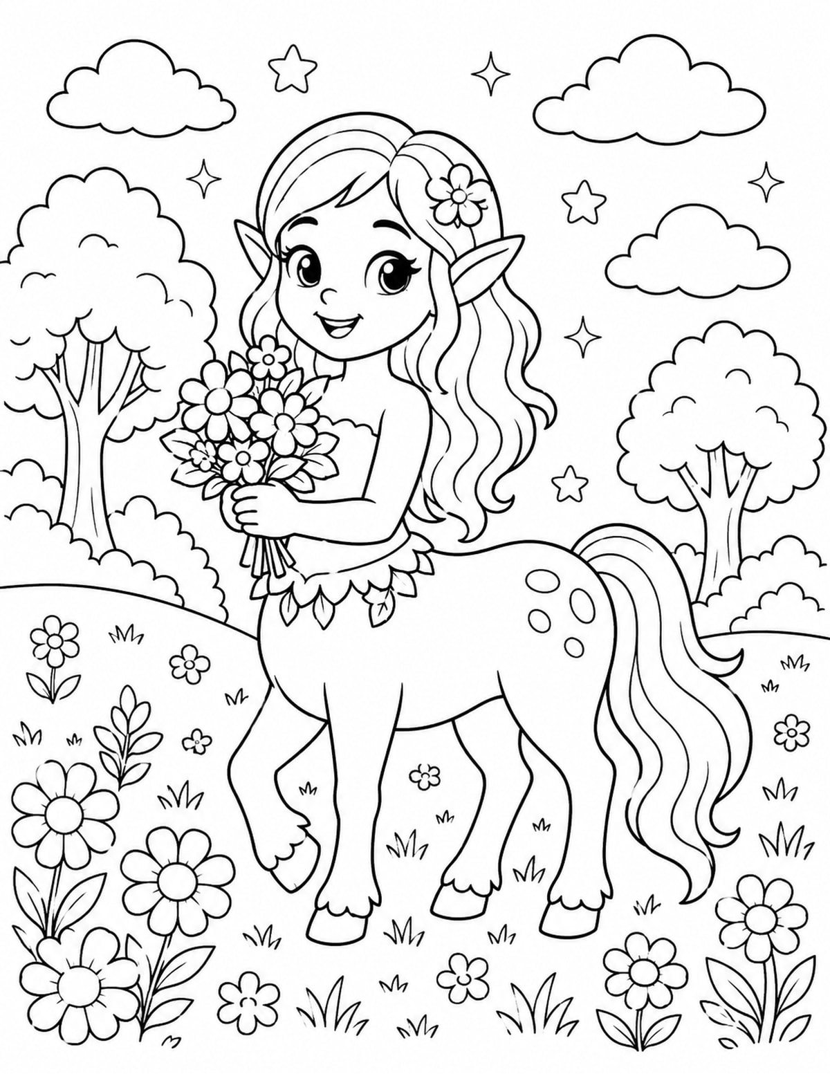 Cute Centaur Holding Flowers in a Meadow printable preview