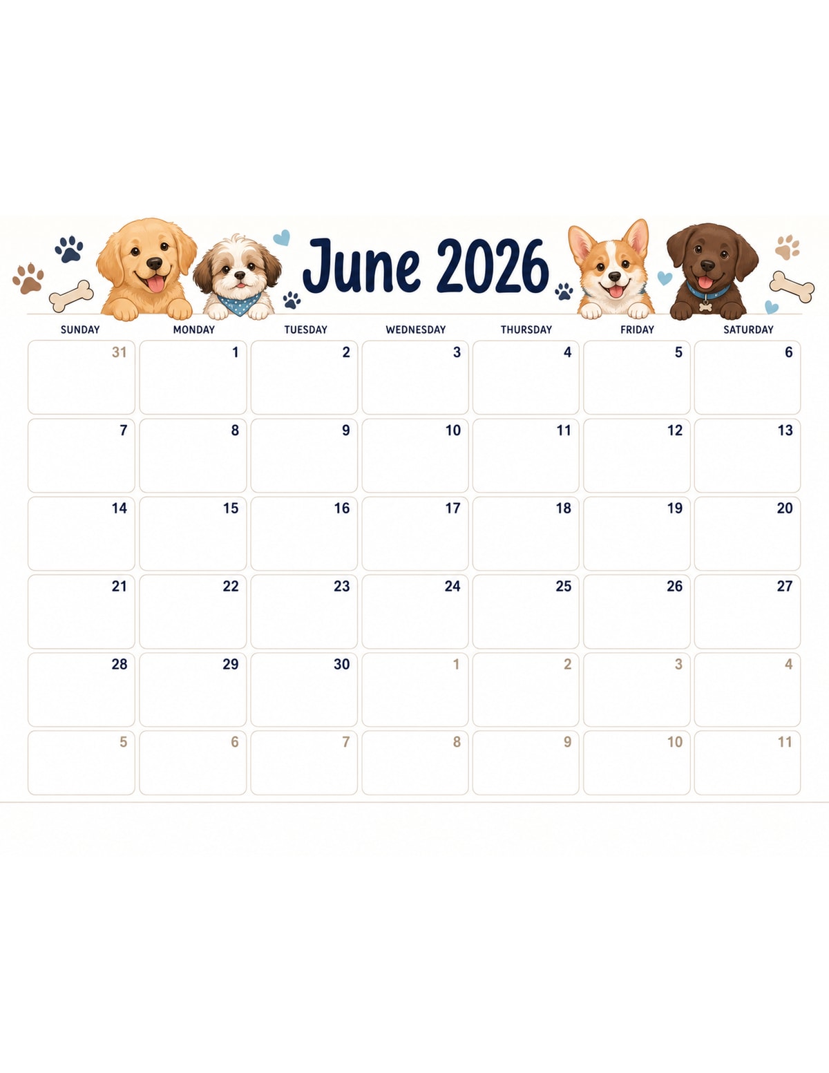 Cute Dog June 2026 Calendar printable preview