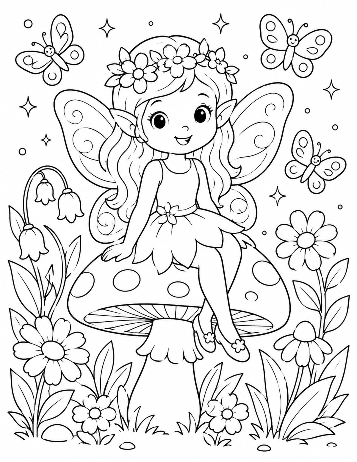 Cute Fairy Sitting on a Mushroom printable preview