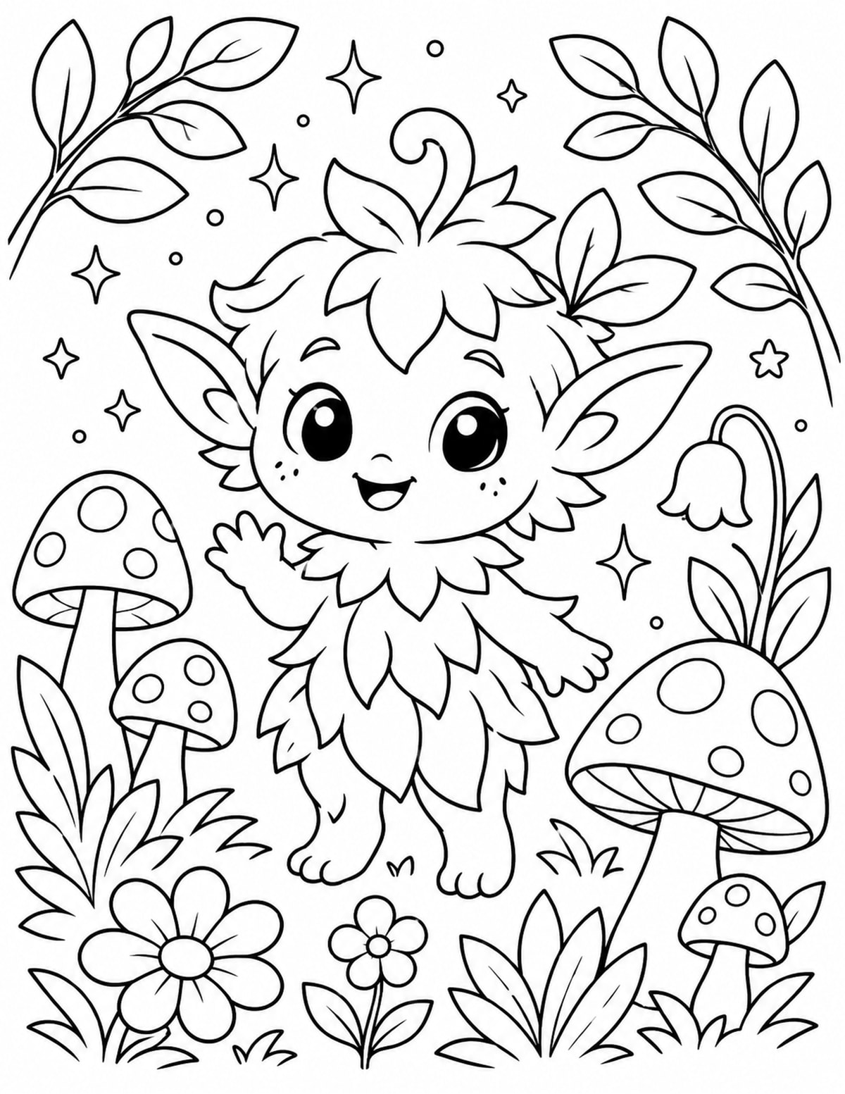 Cute Forest Sprite Creature with Leaves printable preview
