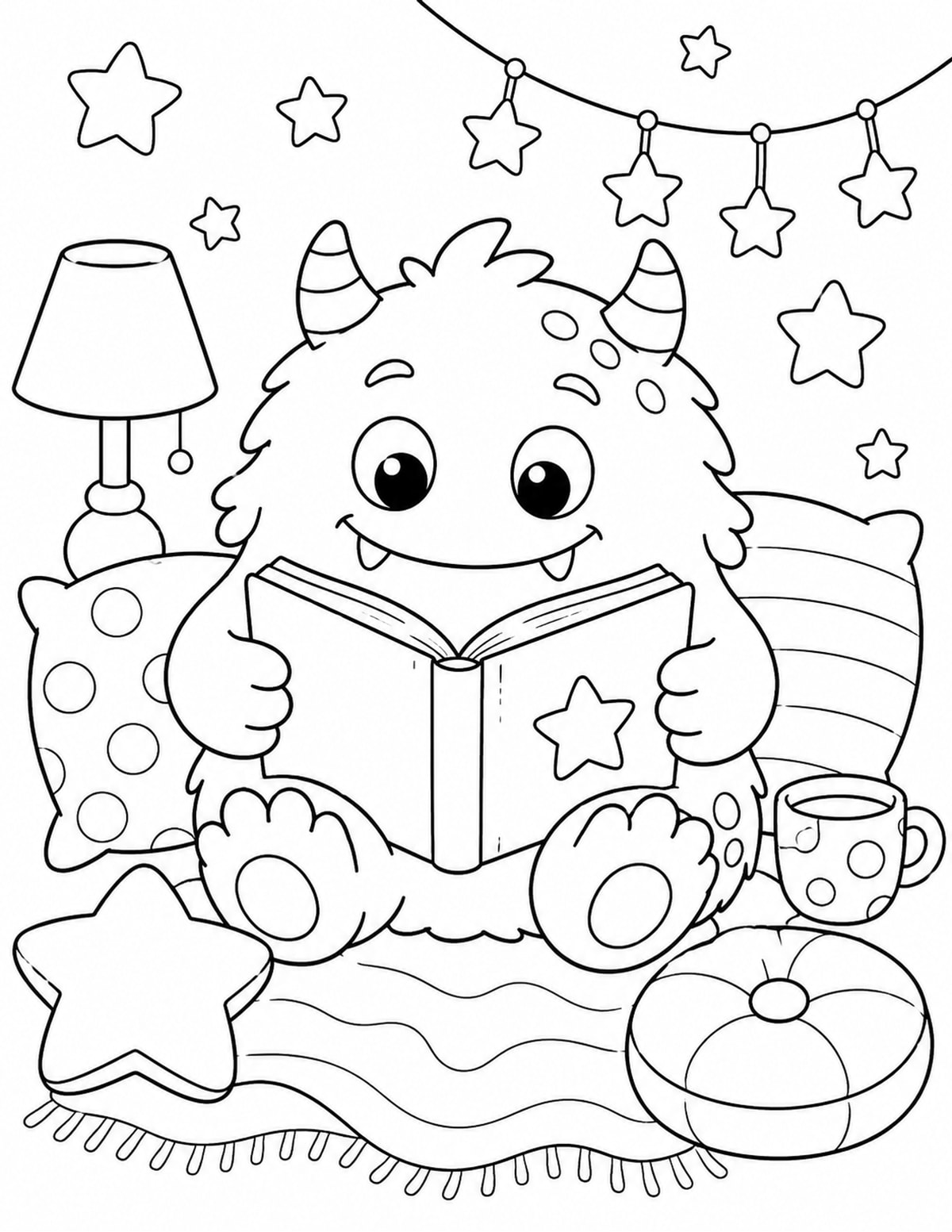 Cute Monster Reading a Book with Pillows printable preview